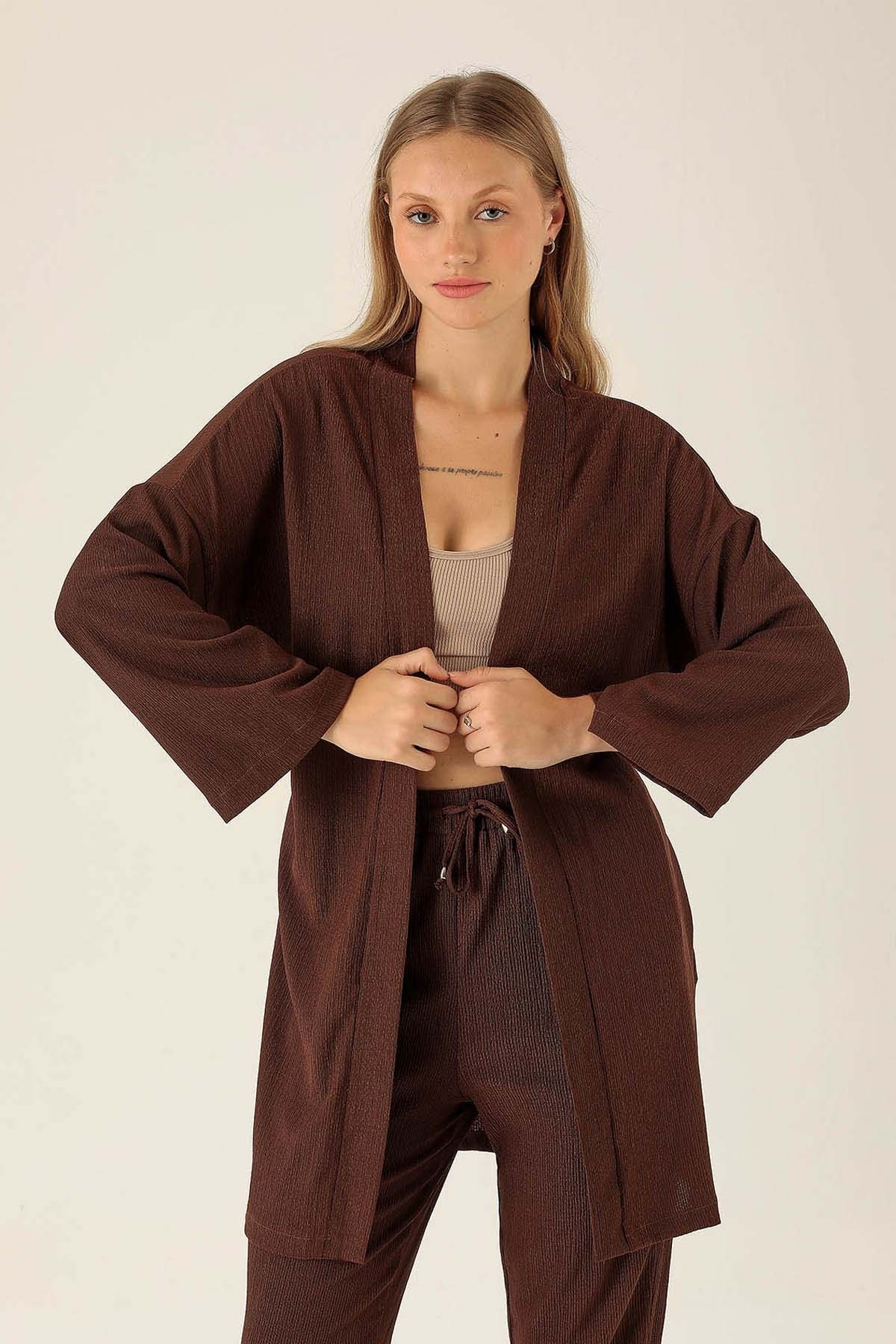 Bel Kuşaklı Kimono - 6538A Kahve - 2