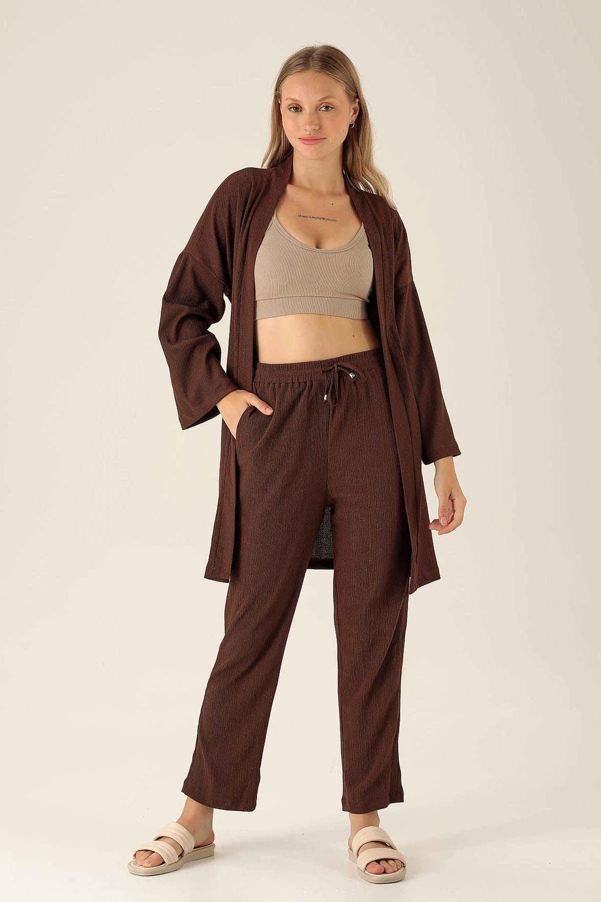 Bel Kuşaklı Kimono - 6538A Kahve - 3