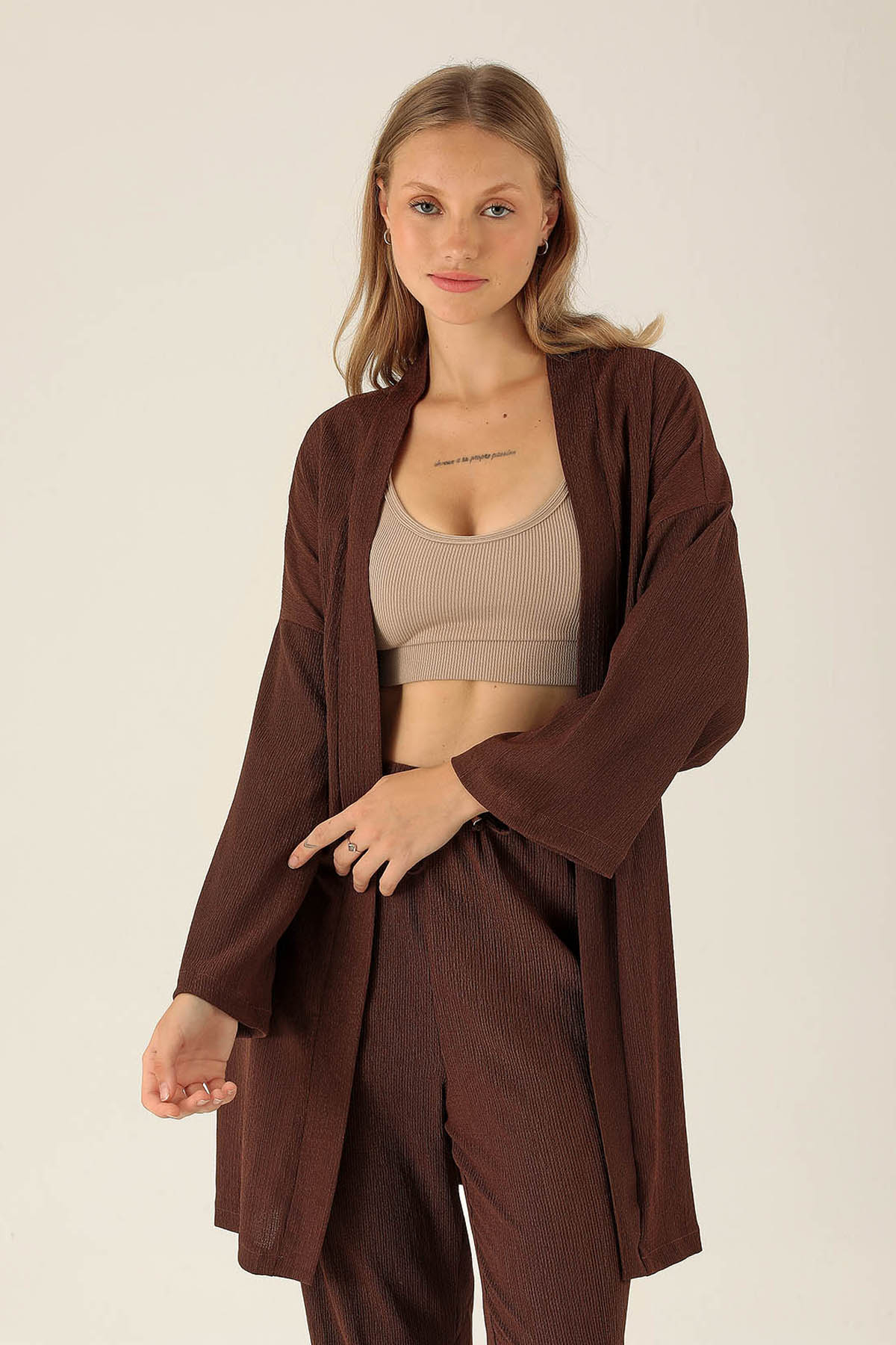 Bel Kuşaklı Kimono - 6538A Kahve 