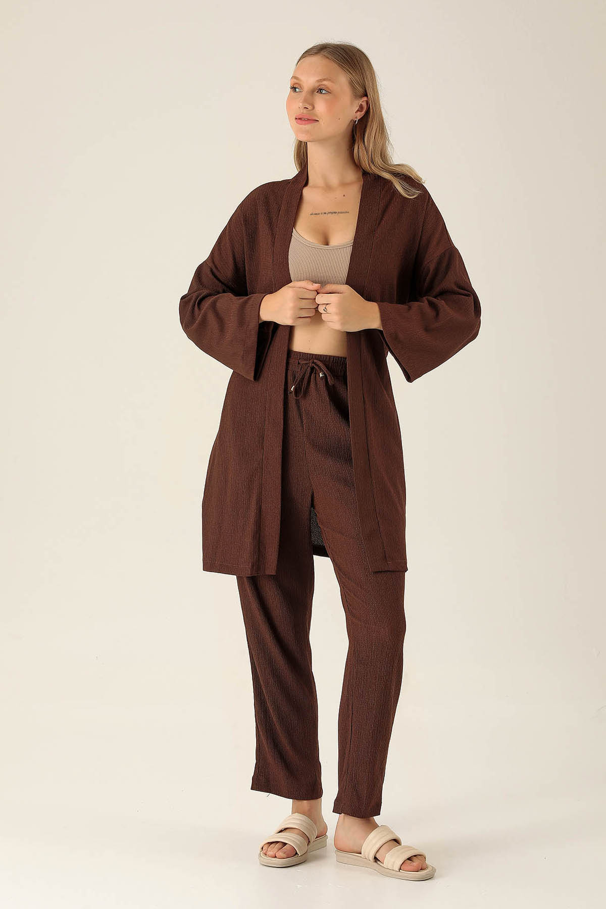 Bel Kuşaklı Kimono - 6538A Kahve - 4