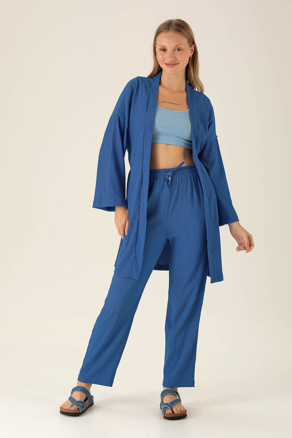 Bel Kuşaklı Kimono - 6538A Saks - 3