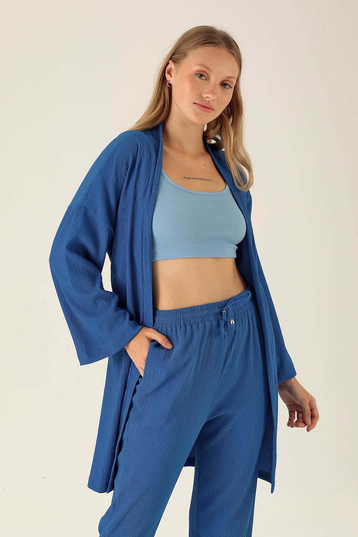 Bel Kuşaklı Kimono - 6538A Saks - 2