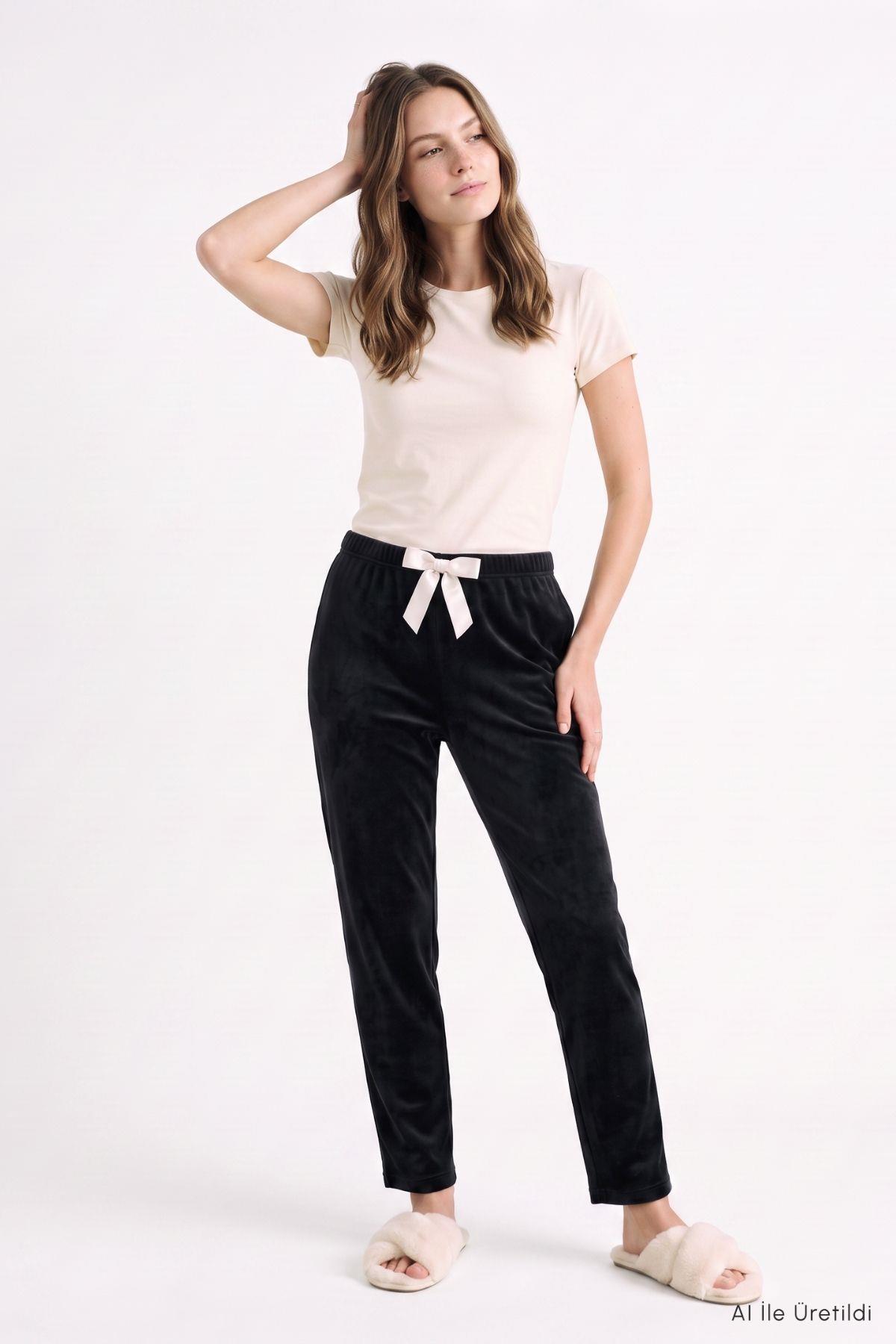 Bel Lastikli Kadife Pijama 0601 Siyah - 3