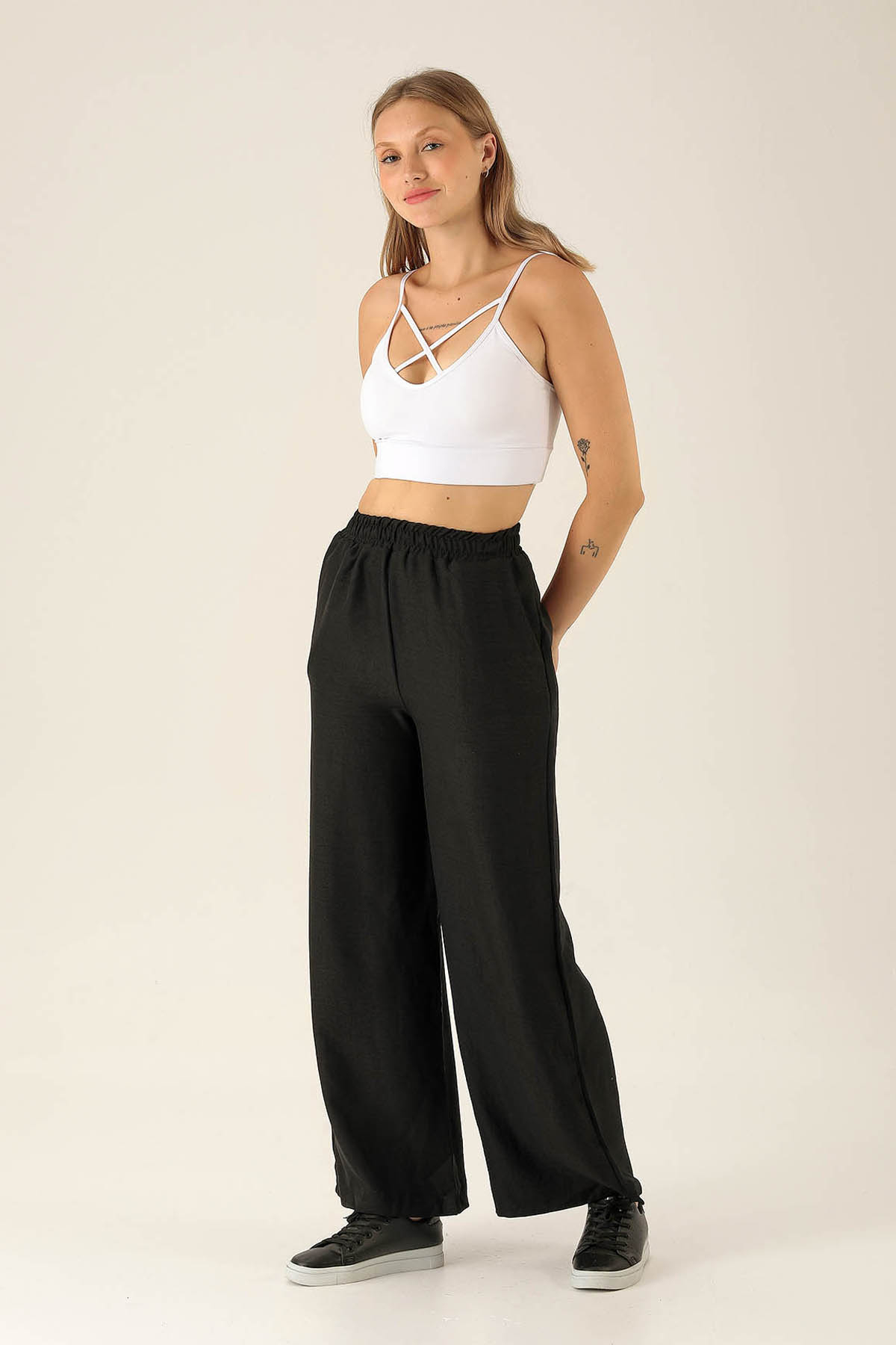 Bel Lastikli Keten Bayan Pantolon - 1836 Siyah - 2