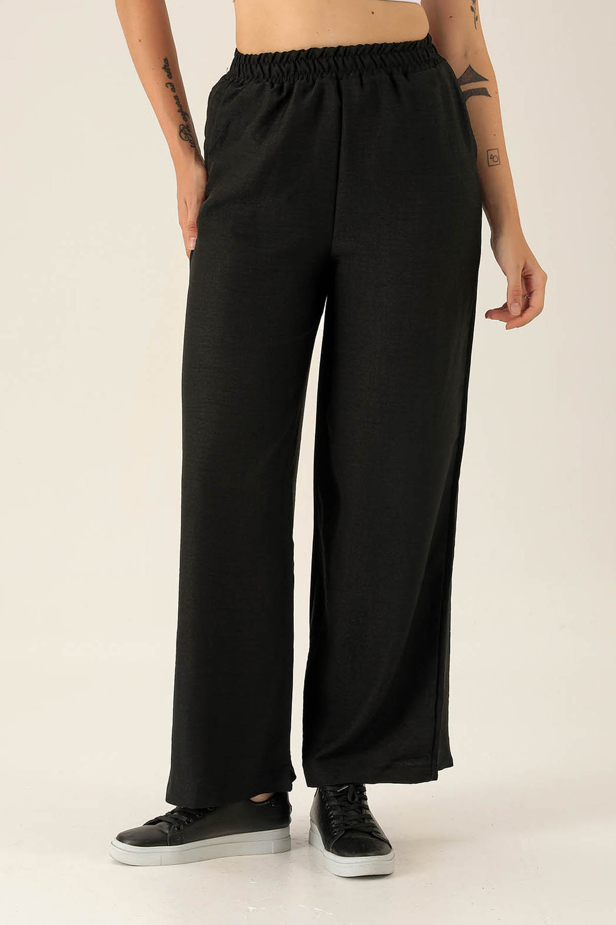 Bel Lastikli Keten Bayan Pantolon - 1836 Siyah - 3