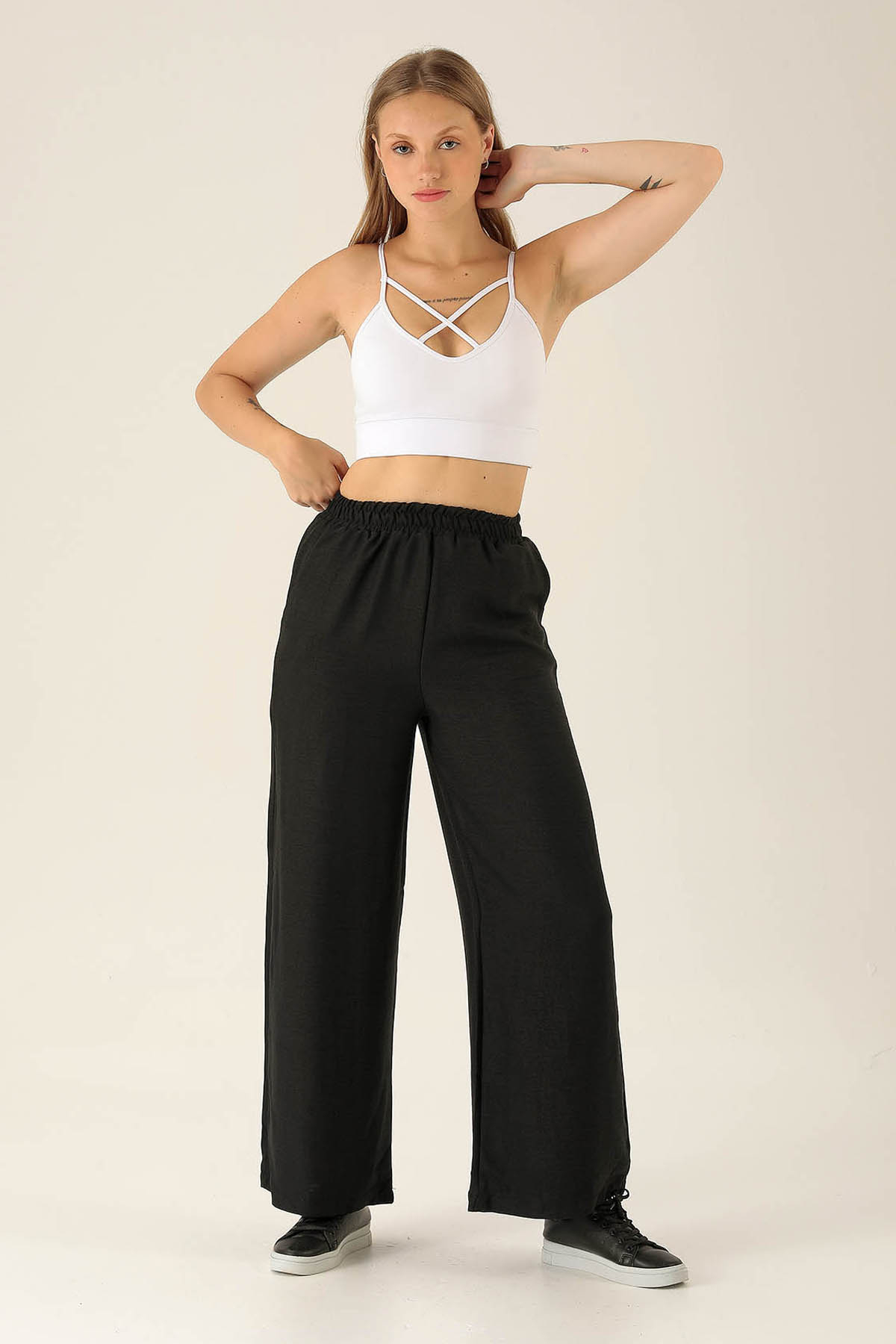 Bel Lastikli Keten Bayan Pantolon - 1836 Siyah 