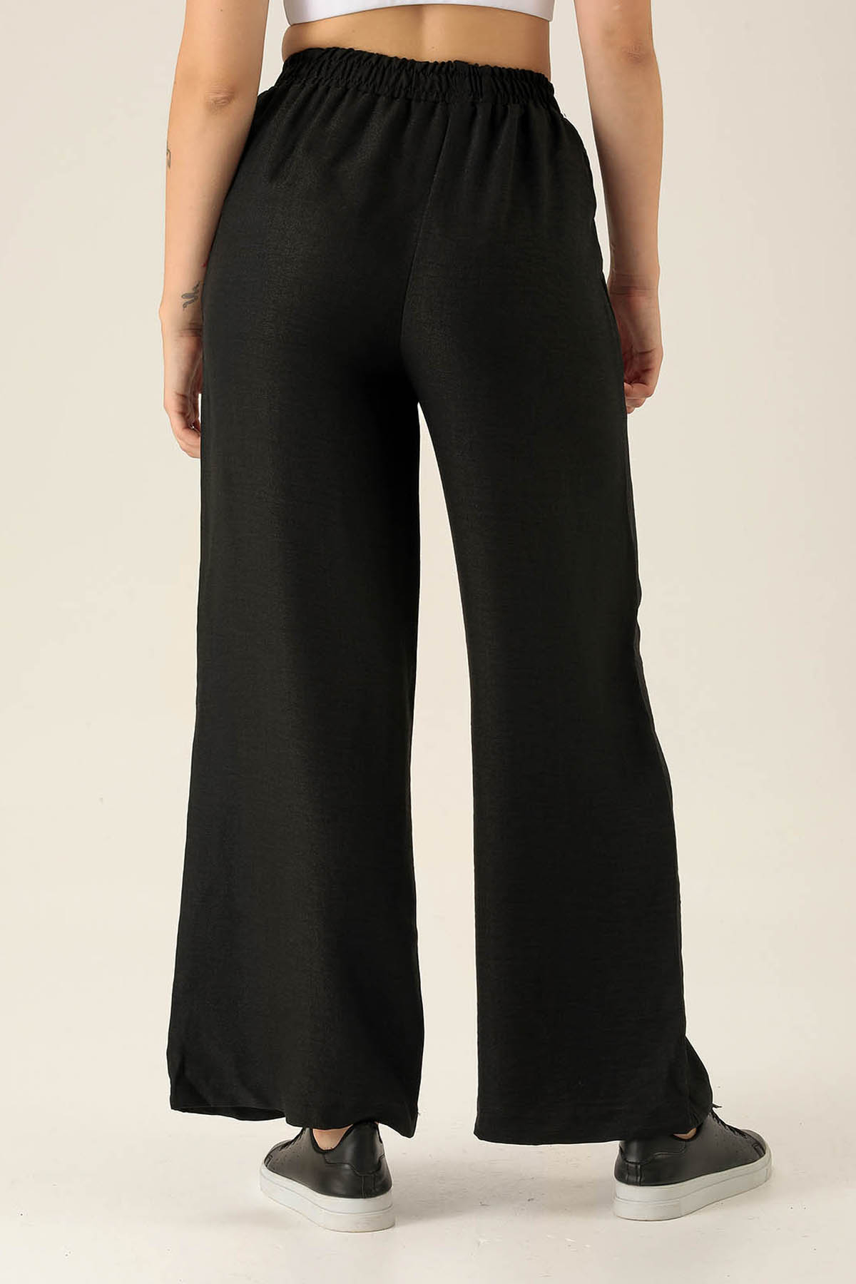 Bel Lastikli Keten Bayan Pantolon - 1836 Siyah - 5