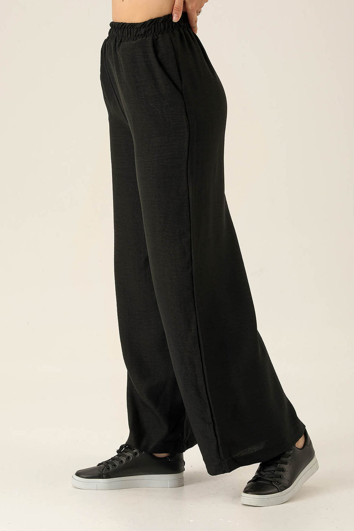 Bel Lastikli Keten Bayan Pantolon - 1836 Siyah - 4