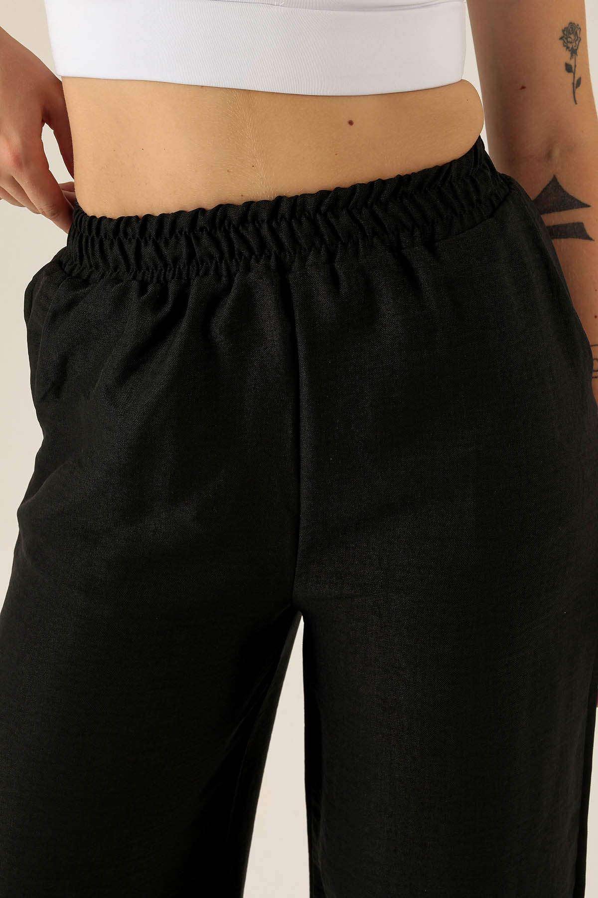 Bel Lastikli Keten Bayan Pantolon - 1836 Siyah - 6