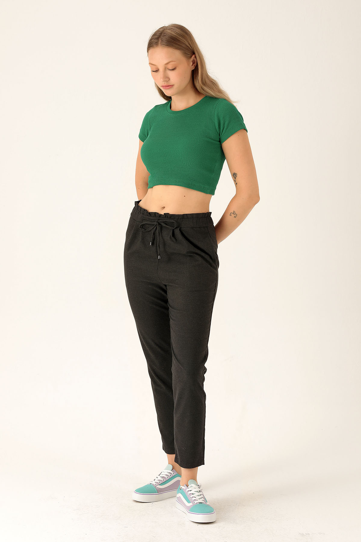 Beli Fırfırlı Pile Detay Bayan Pantolon - 6608A Antrasit - 1