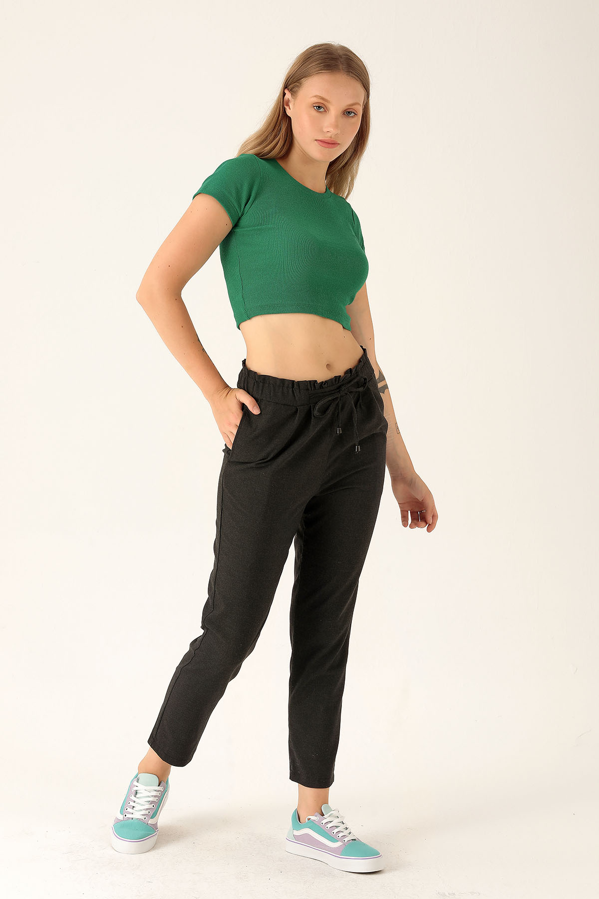 Beli Fırfırlı Pile Detay Bayan Pantolon - 6608A Antrasit - 2