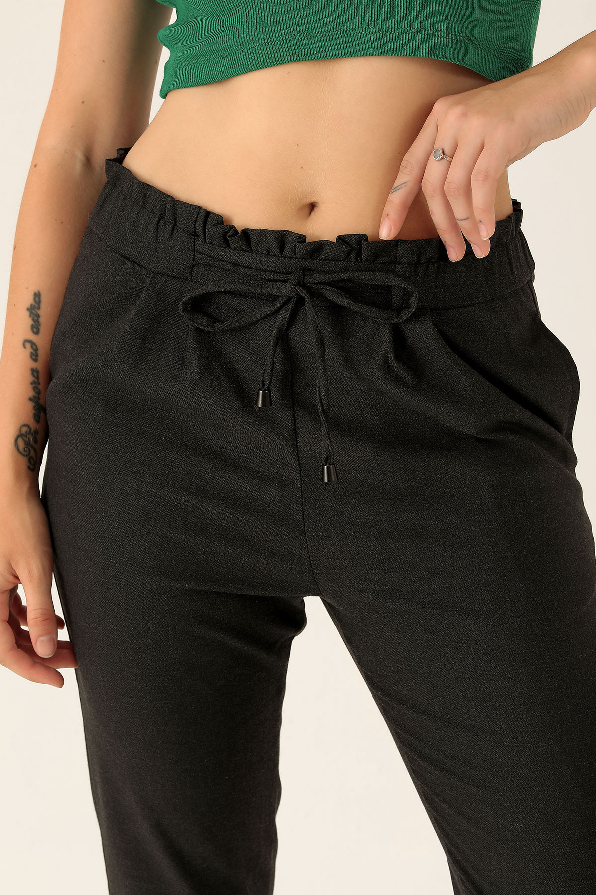 Beli Fırfırlı Pile Detay Bayan Pantolon - 6608A Antrasit - 6