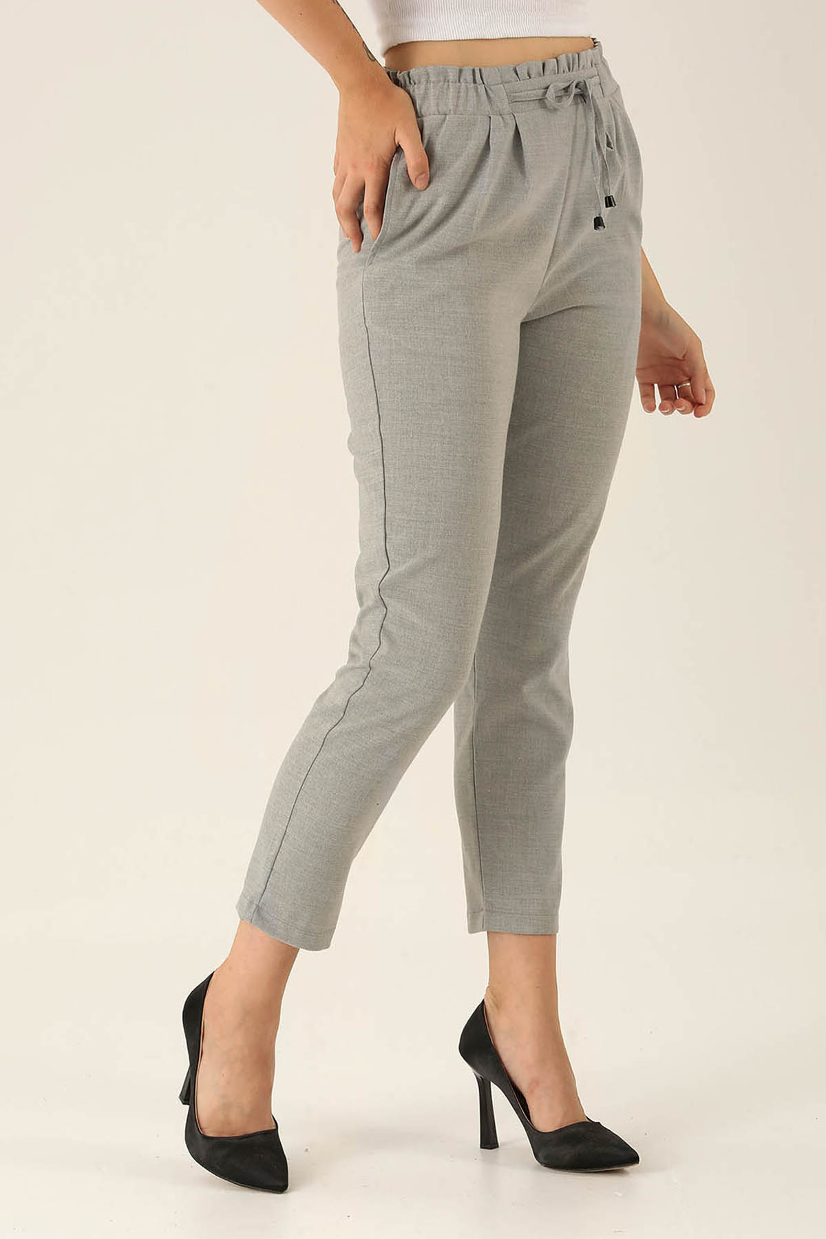 Beli Fırfırlı Pile Detay Bayan Pantolon - 6608A Gri - 3