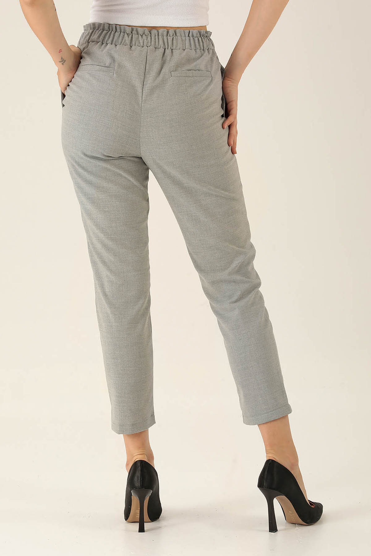 Beli Fırfırlı Pile Detay Bayan Pantolon - 6608A Gri - 5