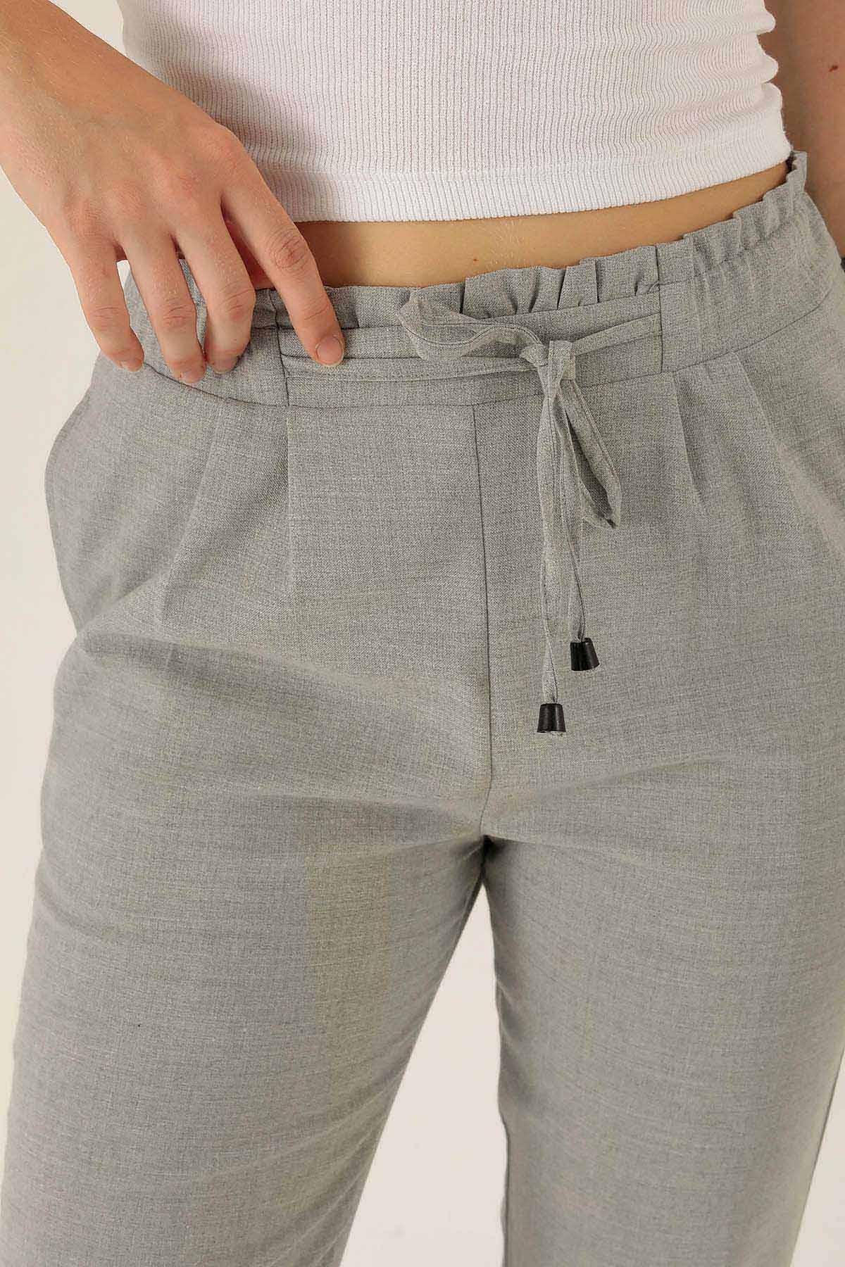 Beli Fırfırlı Pile Detay Bayan Pantolon - 6608A Gri - 6