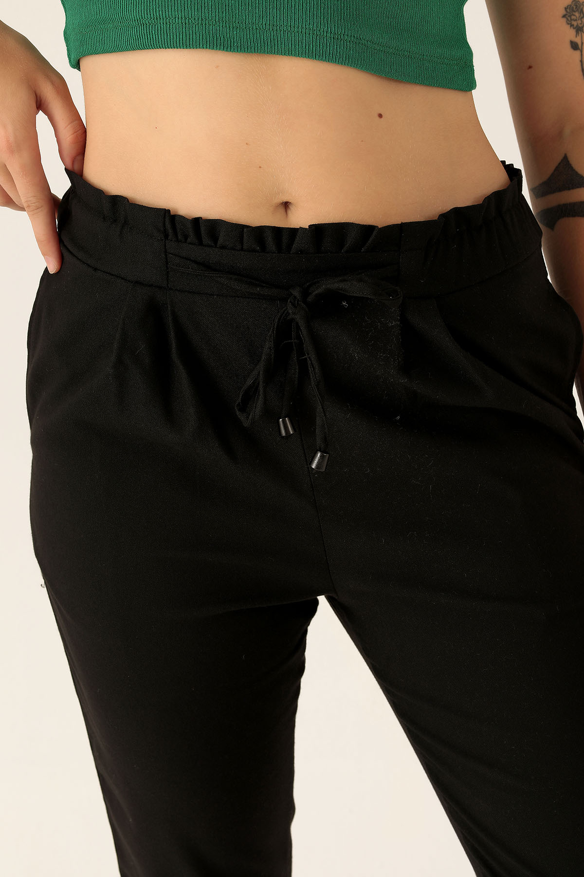 Beli Fırfırlı Pile Detay Bayan Pantolon - 6608A Siyah - 6