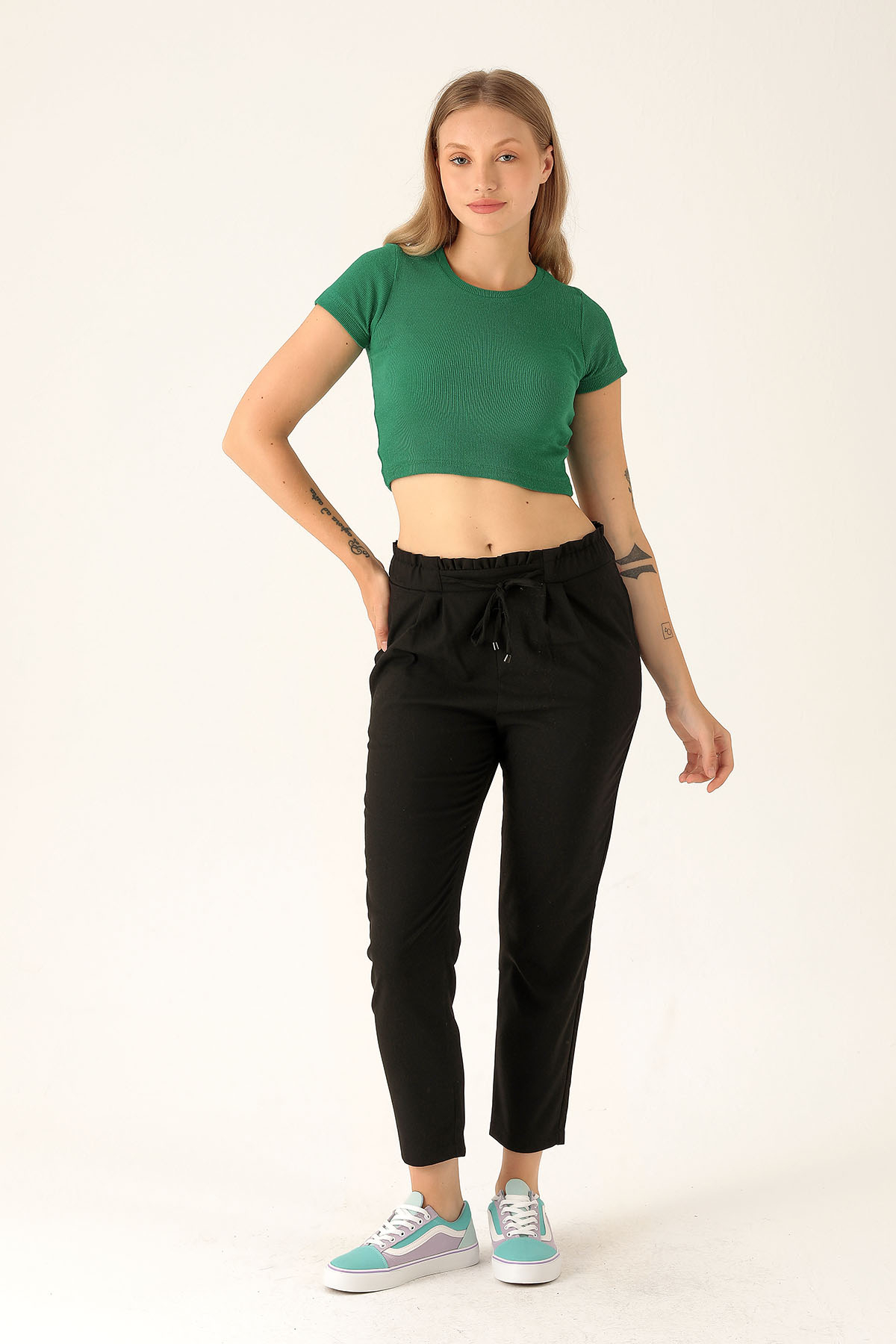 Beli Fırfırlı Pile Detay Bayan Pantolon - 6608A Siyah 