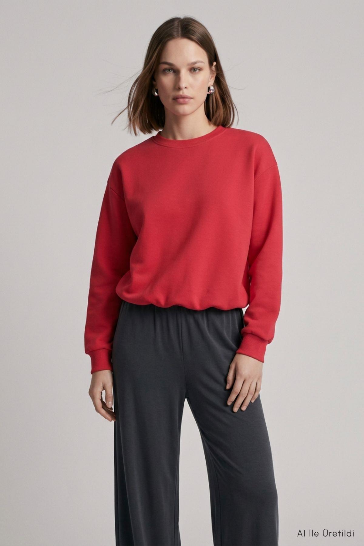 Beli Lastikli Crop Sweatshirt 979 Kırmızı - 1