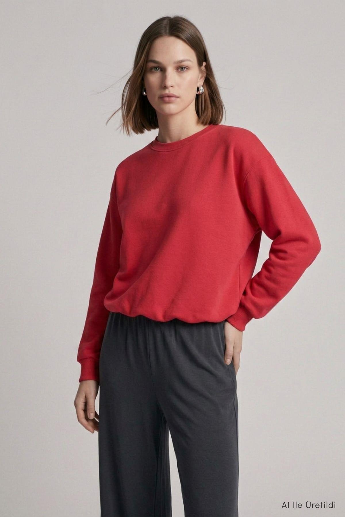Beli Lastikli Crop Sweatshirt 979 Kırmızı - 3