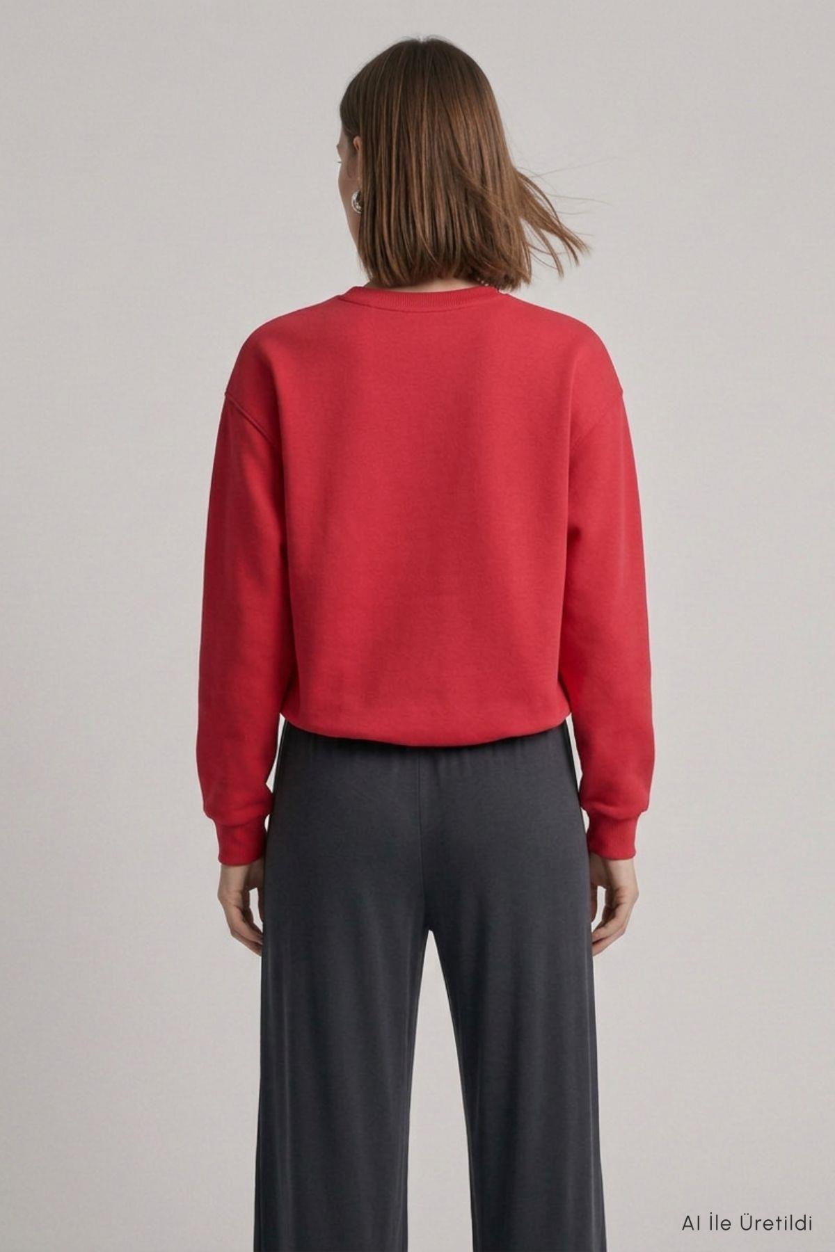 Beli Lastikli Crop Sweatshirt 979 Kırmızı - 4