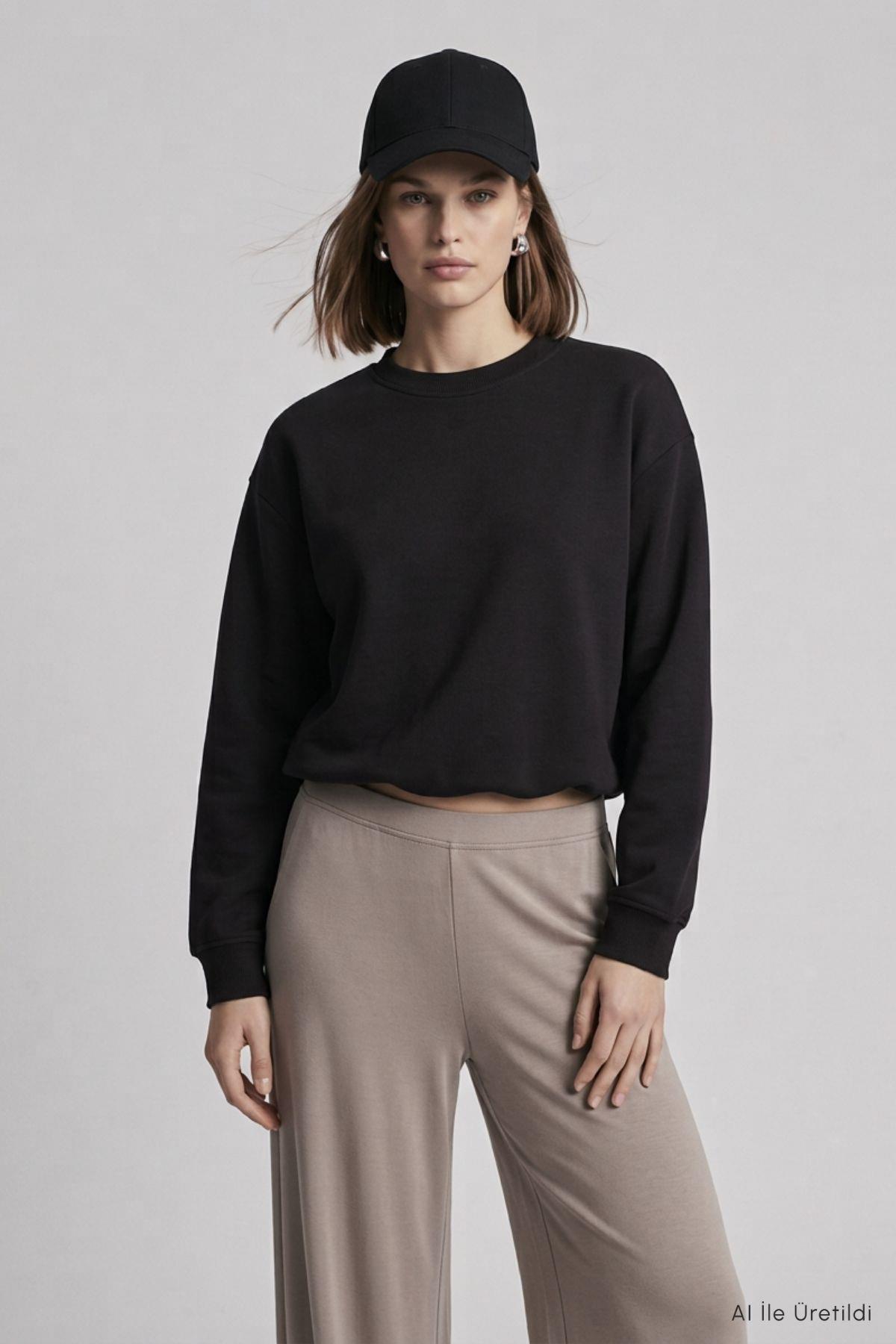 Beli Lastikli Crop Sweatshirt 979 Siyah - 1