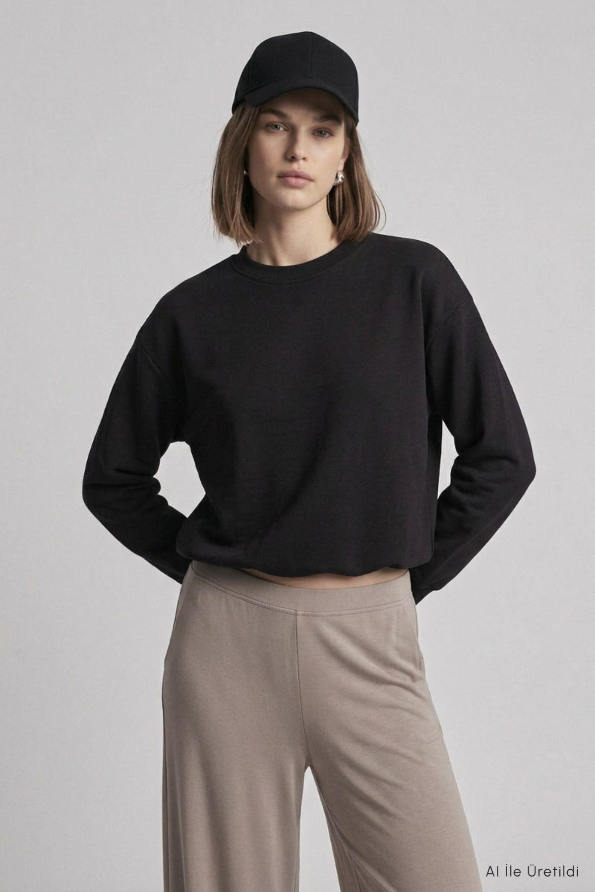 Beli Lastikli Crop Sweatshirt 979 Siyah - RAYS (1)