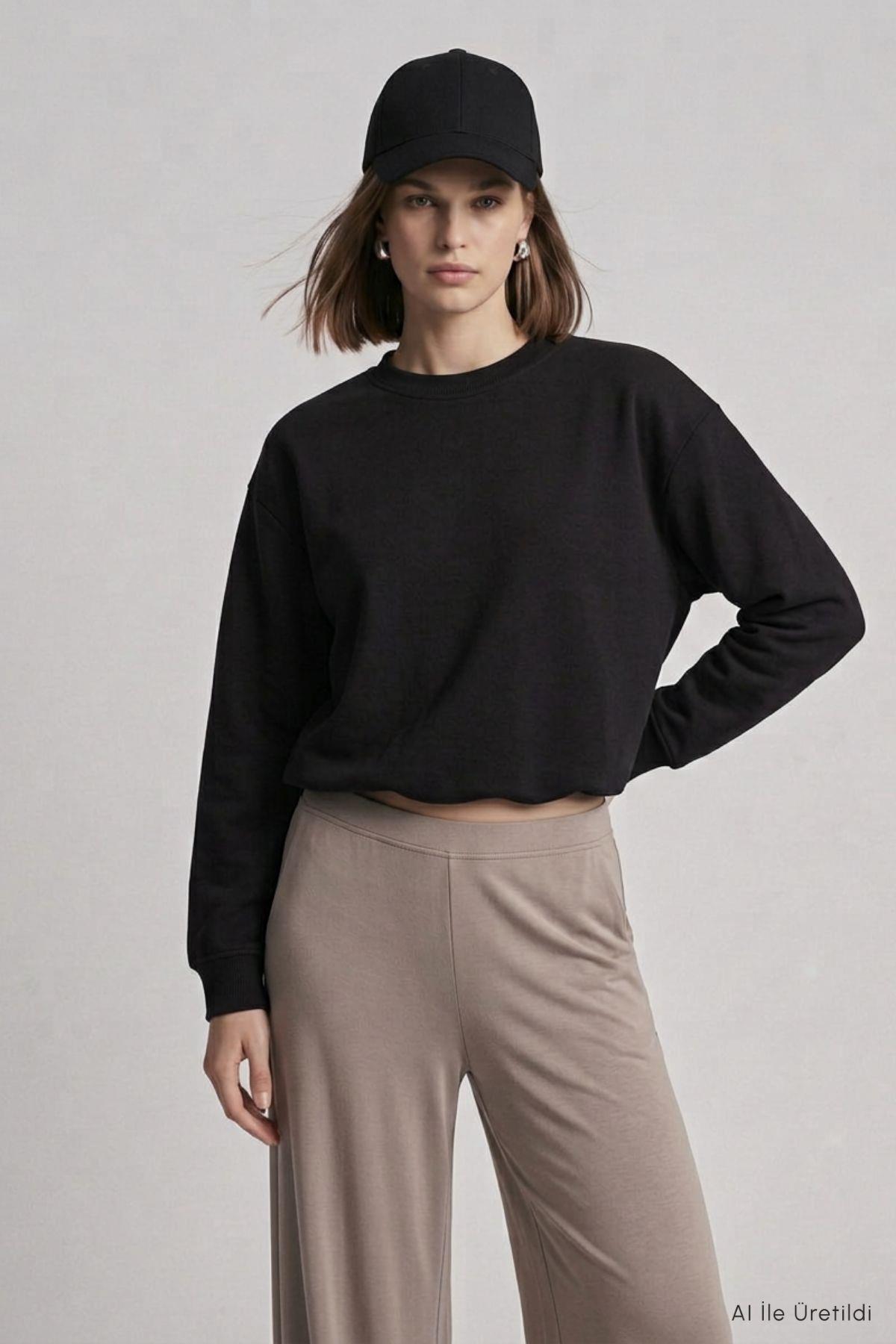 Beli Lastikli Crop Sweatshirt 979 Siyah - RAYS