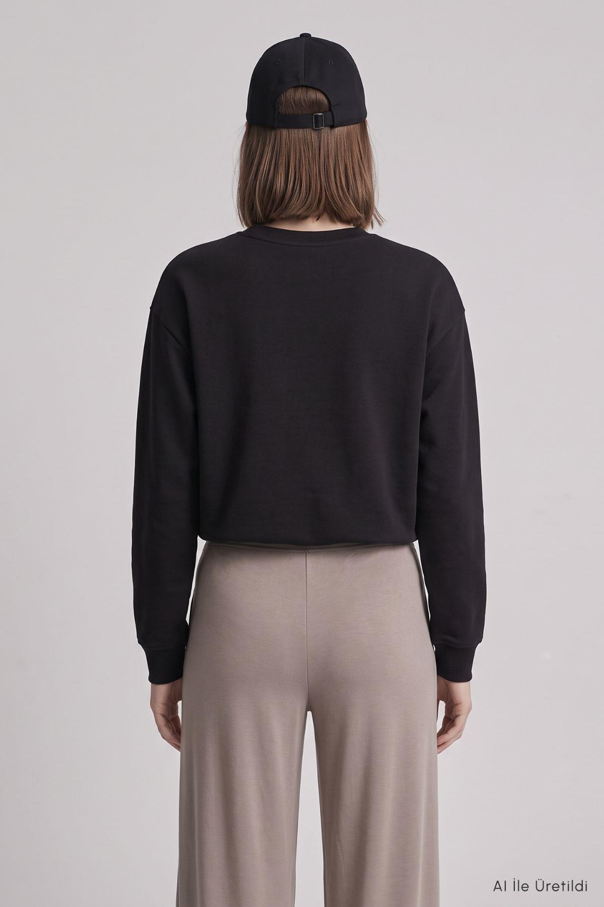 Beli Lastikli Crop Sweatshirt 979 Siyah - 4