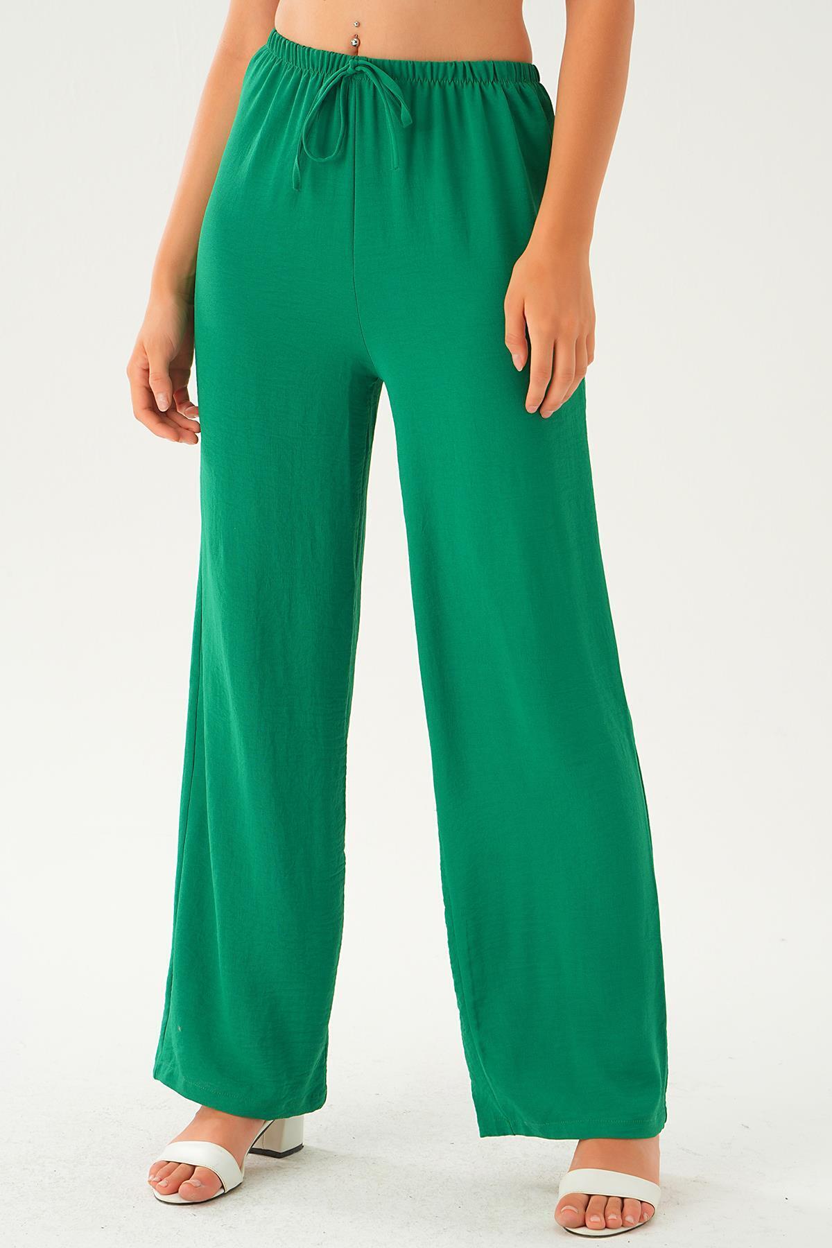 Benetton Yeşili Beli Lastikli Bol Paça Dokuma Pantolon 4284-1 - 3
