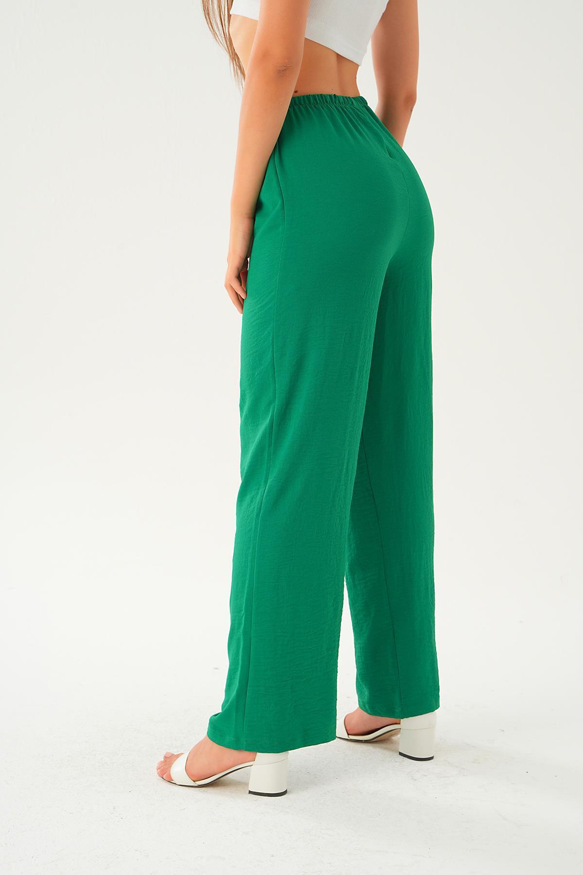Benetton Yeşili Beli Lastikli Bol Paça Dokuma Pantolon 4284-1 - 5