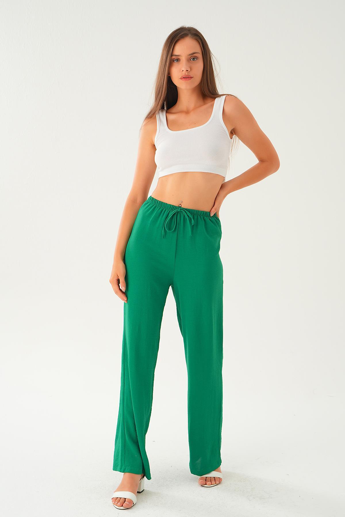 Benetton Yeşili Beli Lastikli Bol Paça Dokuma Pantolon 4284-1 - 6