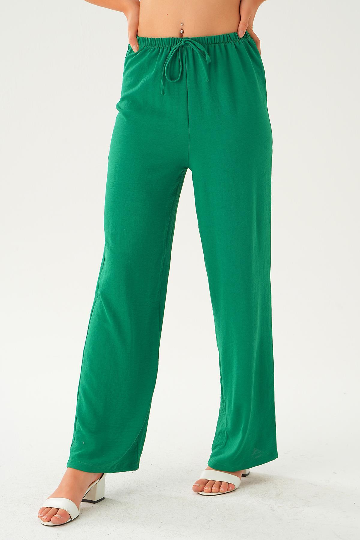 Benetton Yeşili Beli Lastikli Bol Paça Dokuma Pantolon 4284-1 - 2