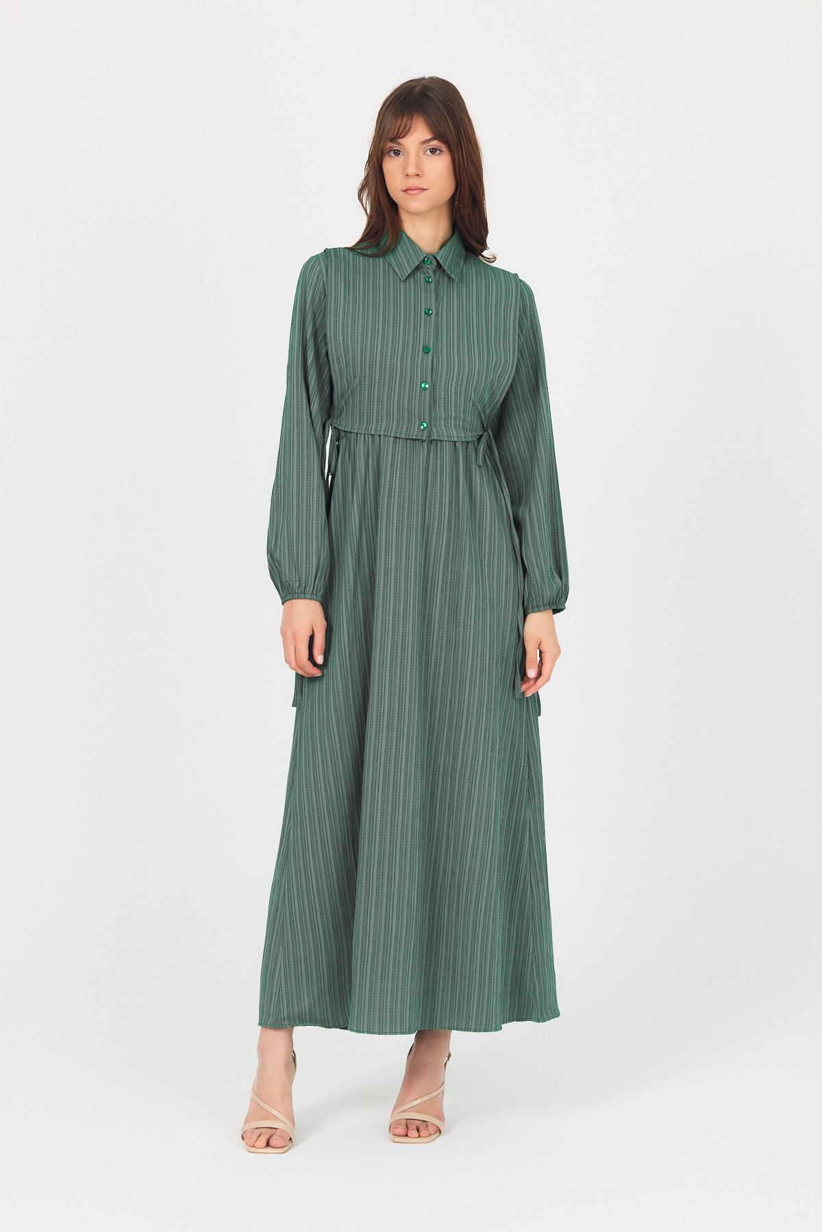 Benetton Yeşili Çift Kullanımlı Çıkma Yakalı Dokuma Elbise 4652A - 2