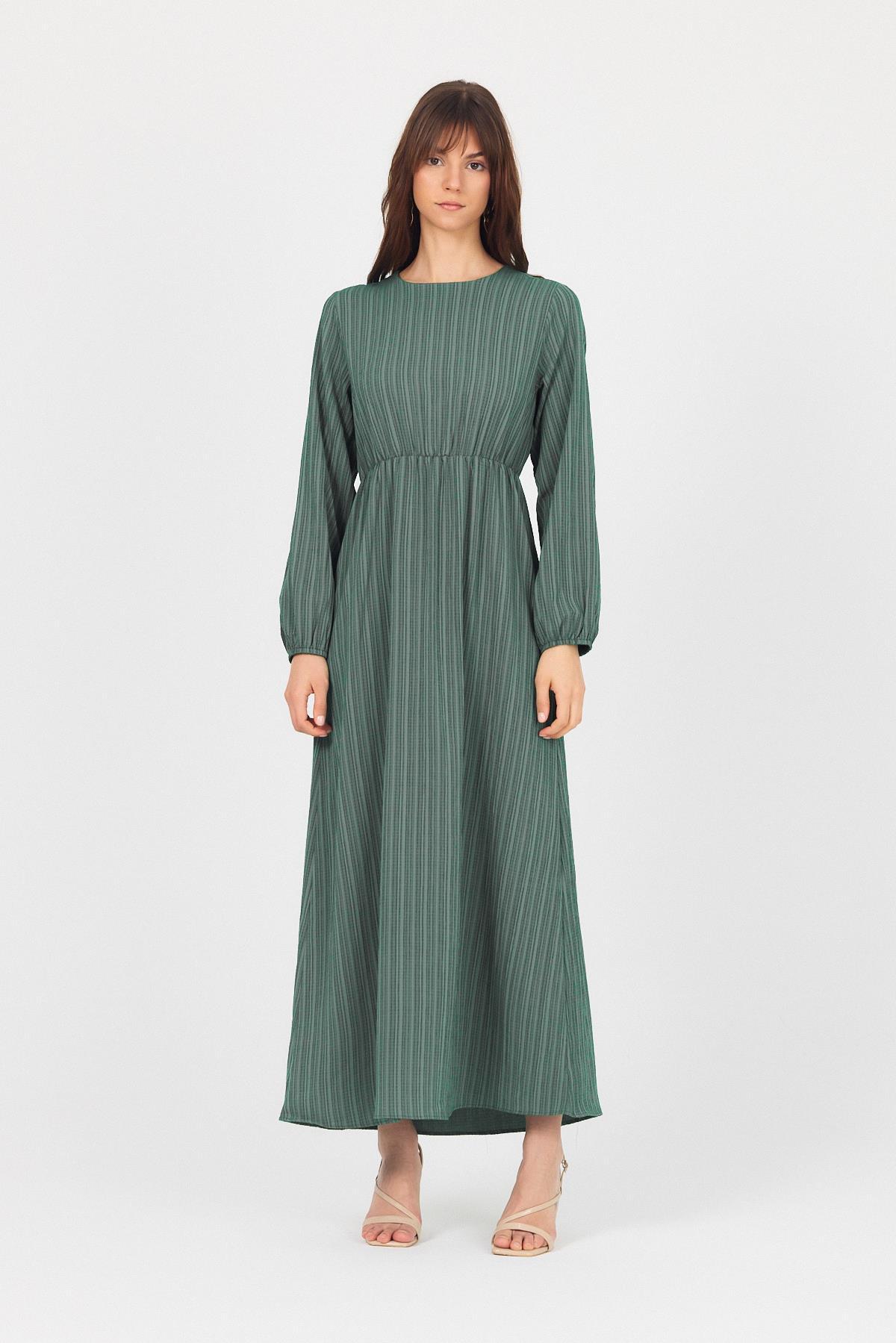 Benetton Yeşili Çift Kullanımlı Çıkma Yakalı Dokuma Elbise 4652A - 3