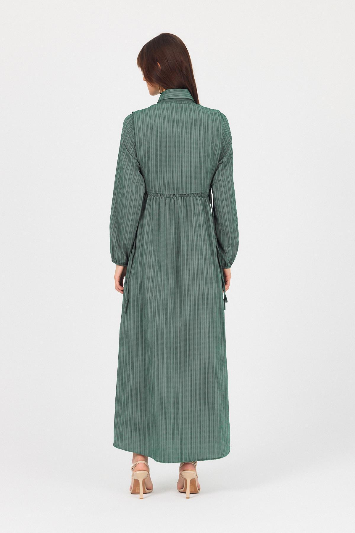 Benetton Yeşili Çift Kullanımlı Çıkma Yakalı Dokuma Elbise 4652A - 5