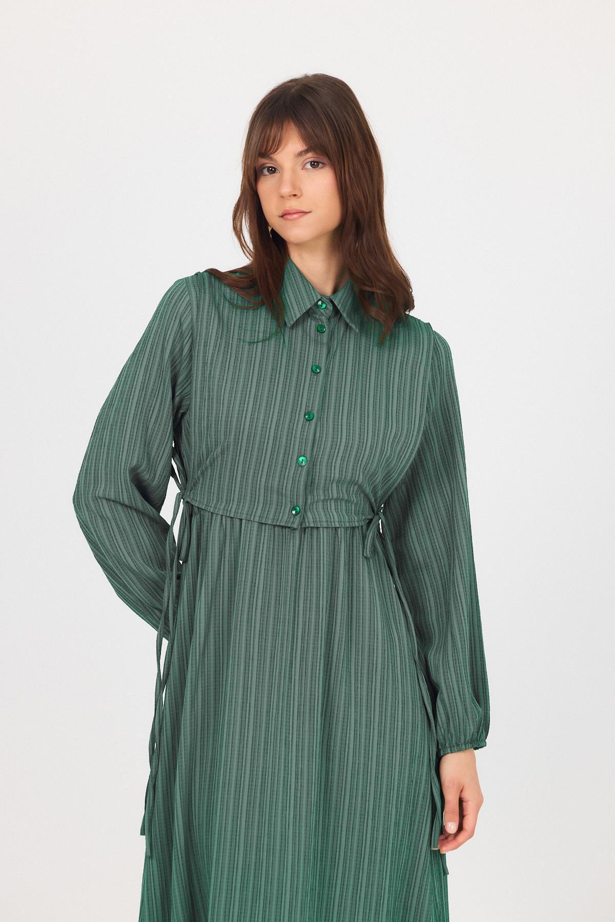 Benetton Yeşili Çift Kullanımlı Çıkma Yakalı Dokuma Elbise 4652A - 6