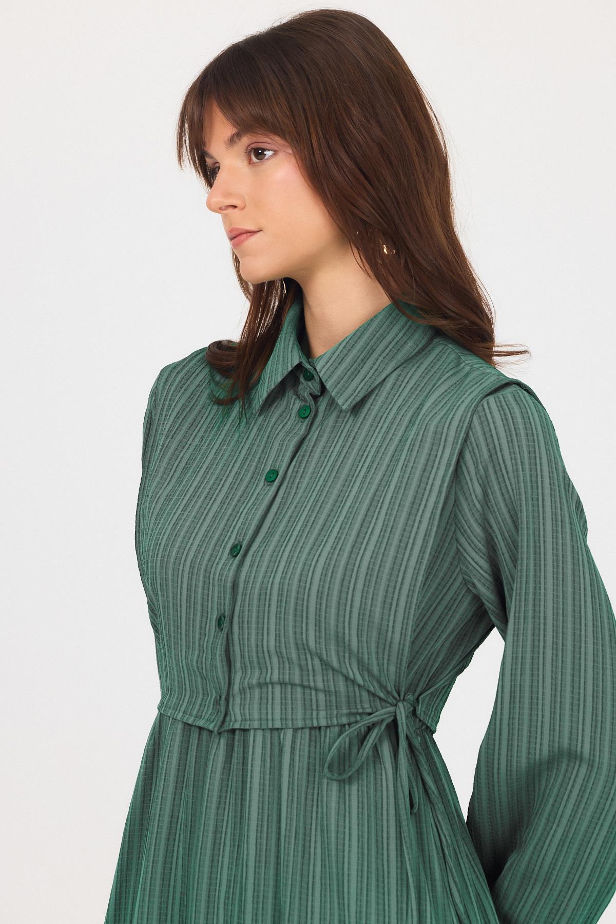 Benetton Yeşili Çift Kullanımlı Çıkma Yakalı Dokuma Elbise 4652A - 4