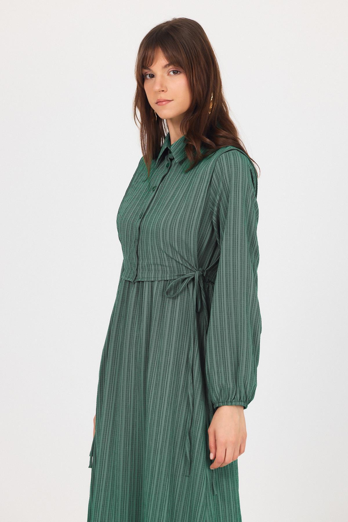 Benetton Yeşili Çift Kullanımlı Çıkma Yakalı Dokuma Elbise 4652A - 8