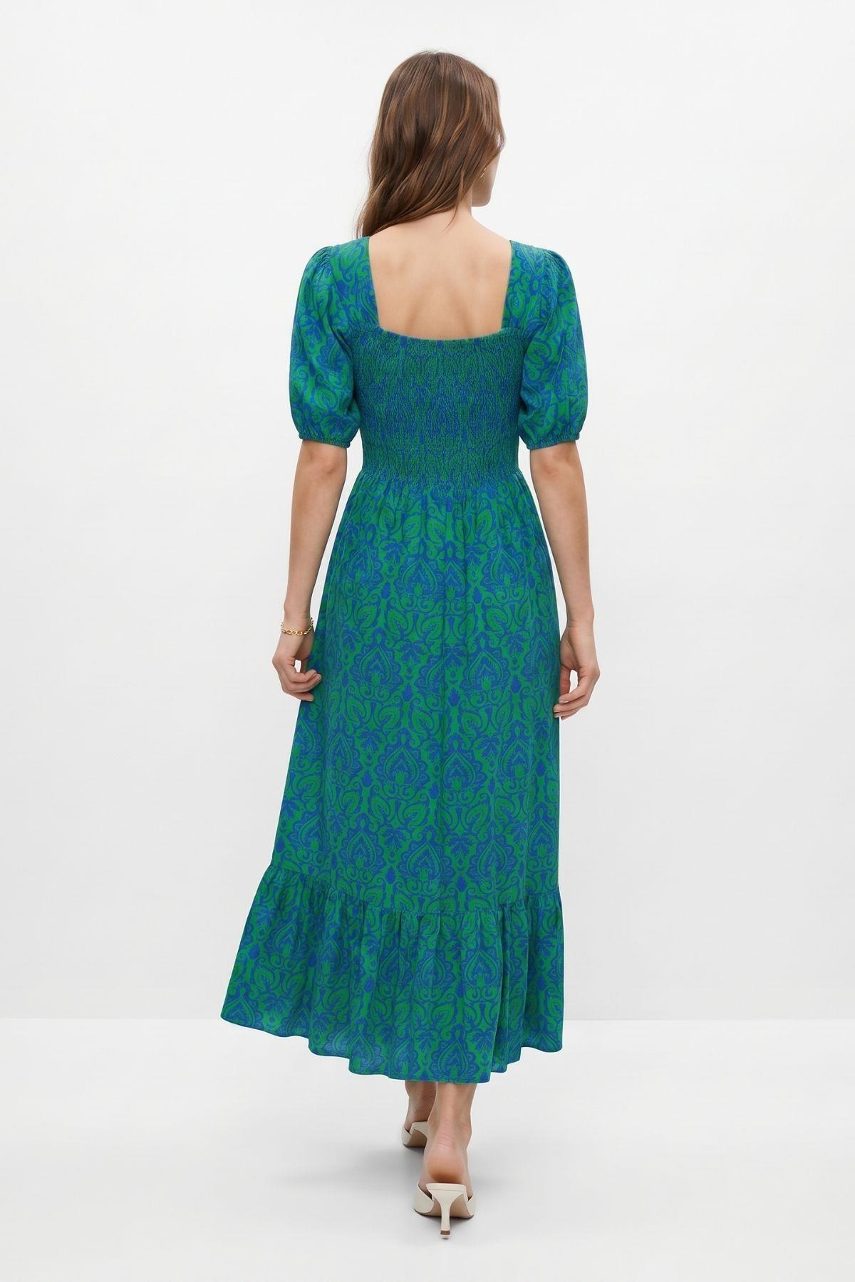 Benetton Yeşili Kare Yaka Desenli Elbise 068 - 3