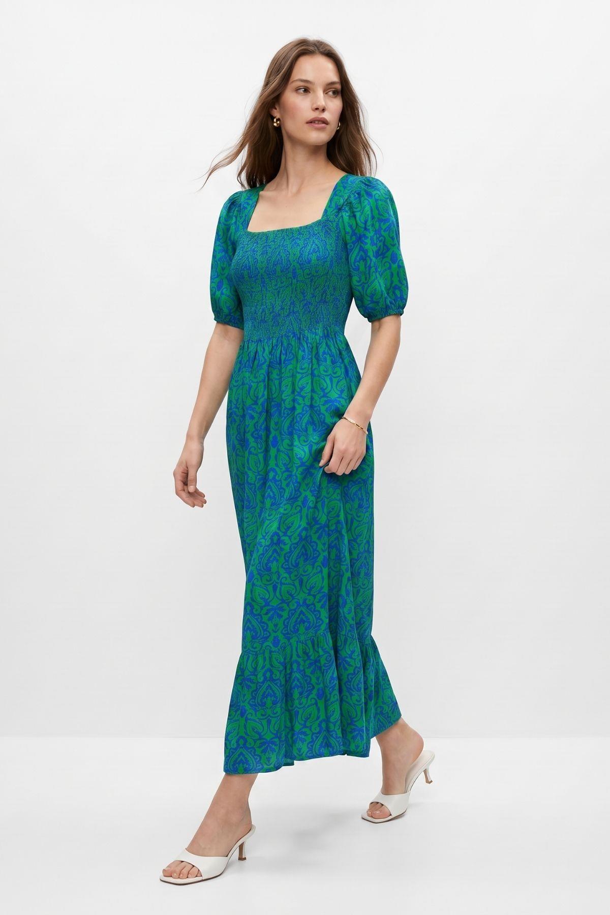 Benetton Yeşili Kare Yaka Desenli Elbise 068 - RAYS (1)