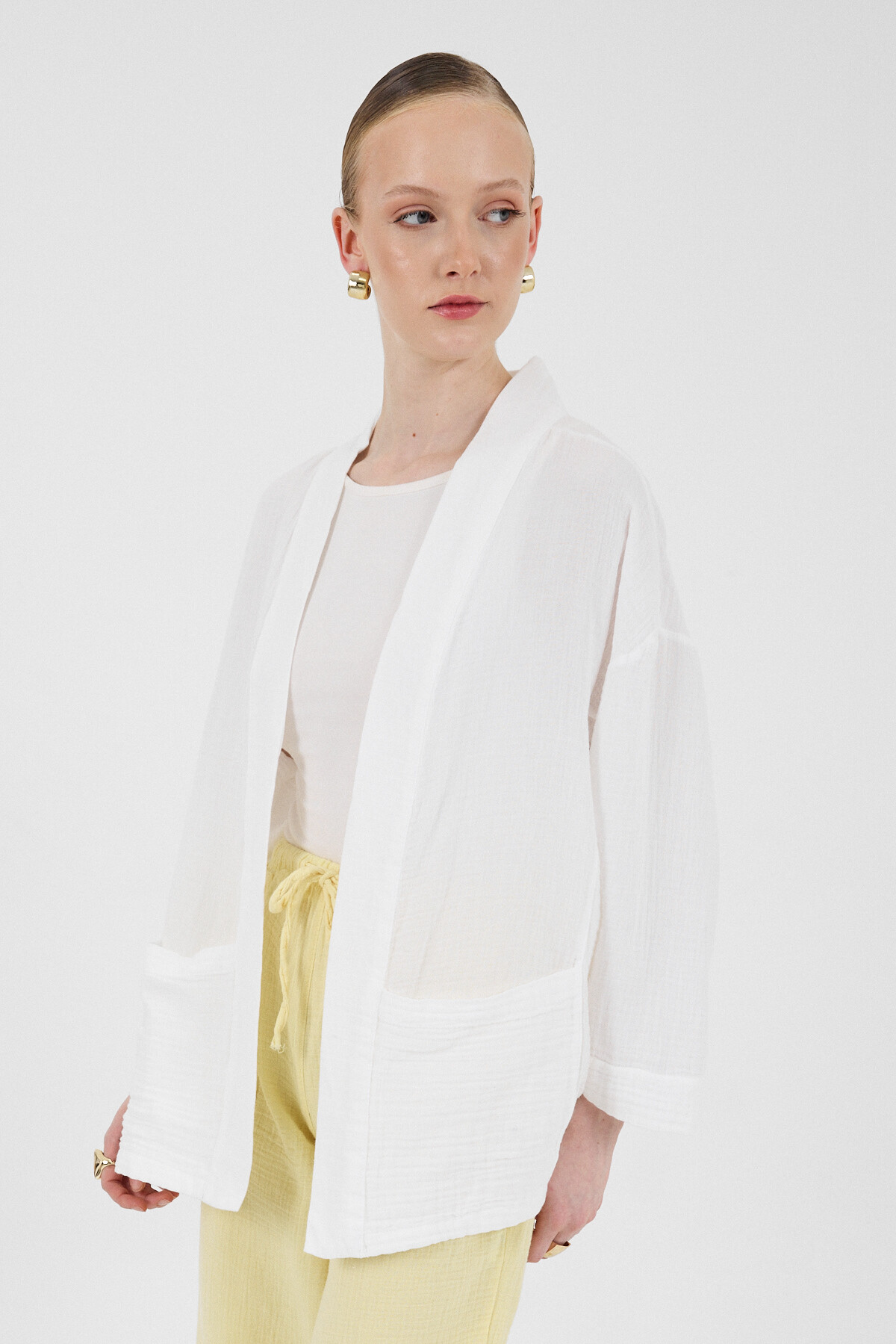 Beyaz %100 Pamuk Cepli Müslin Kimono 8065A - 1