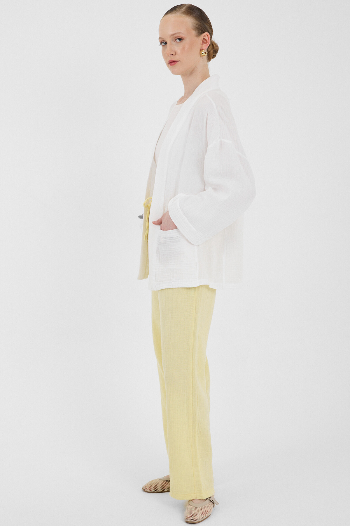 Beyaz %100 Pamuk Cepli Müslin Kimono 8065A - 3
