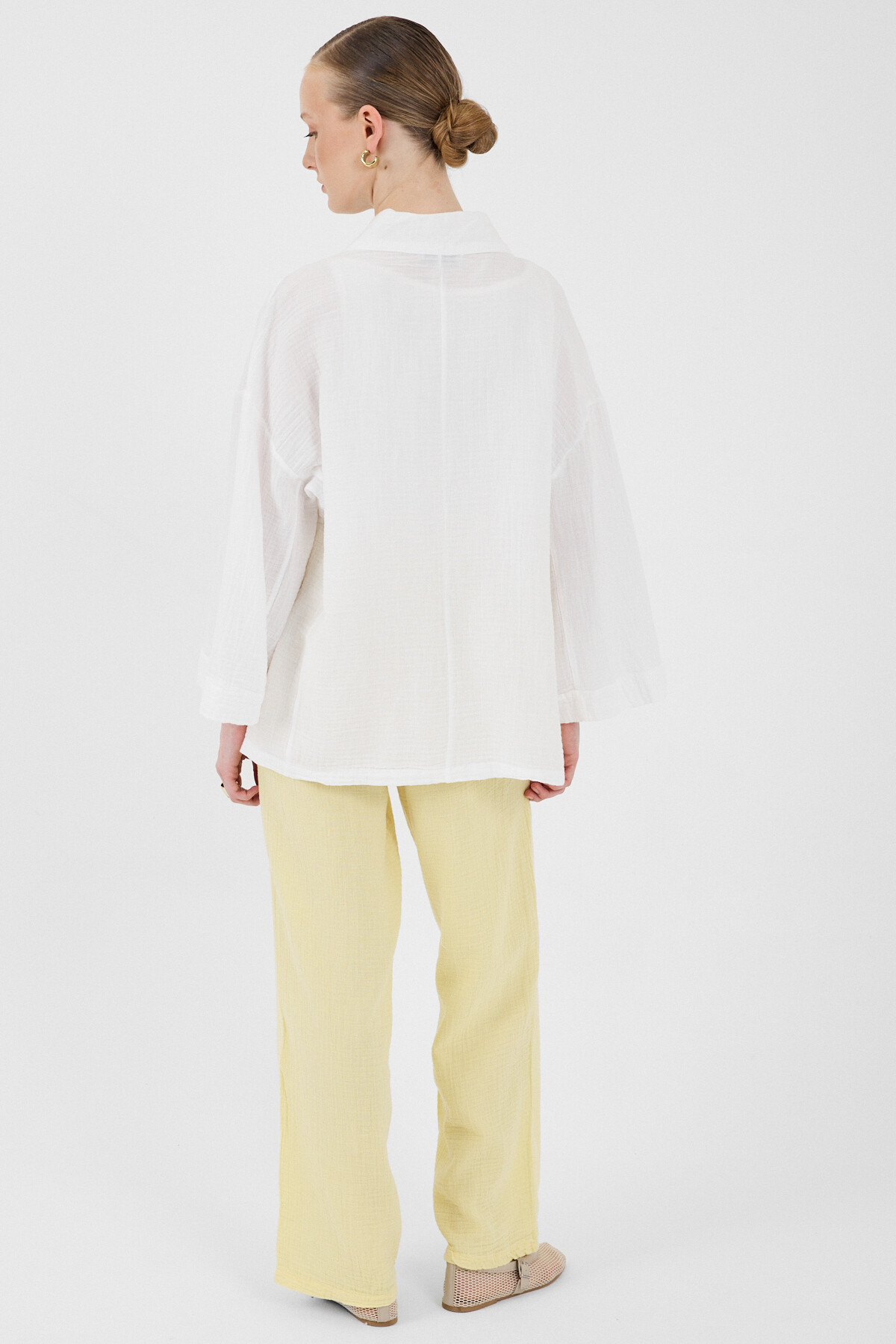 Beyaz %100 Pamuk Cepli Müslin Kimono 8065A - 5
