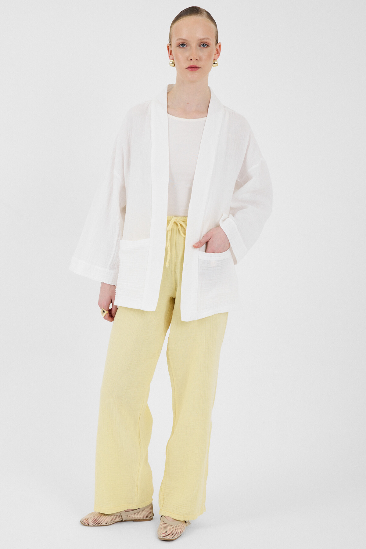 Beyaz %100 Pamuk Cepli Müslin Kimono 8065A - 4