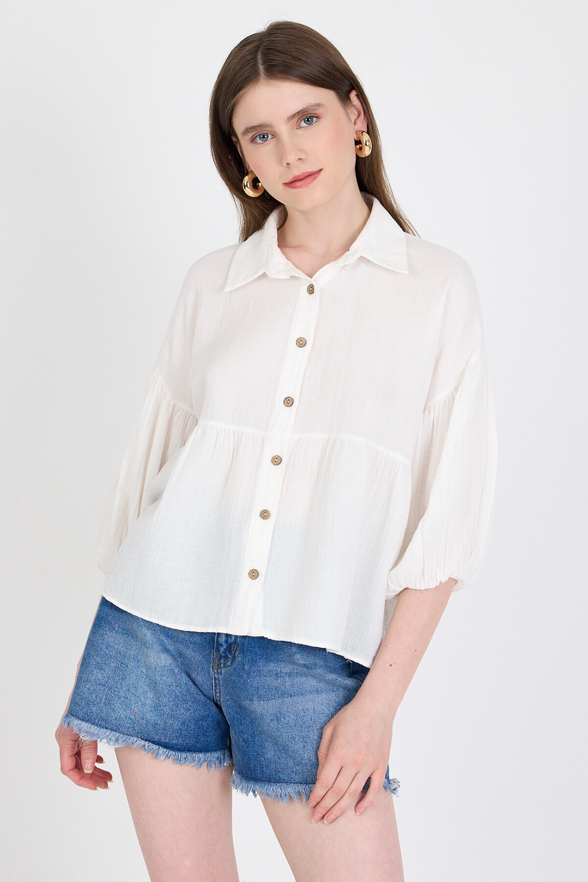 Beyaz %100 Pamuk Keten Görünümlü Düğmeli Gömlek 4783A 