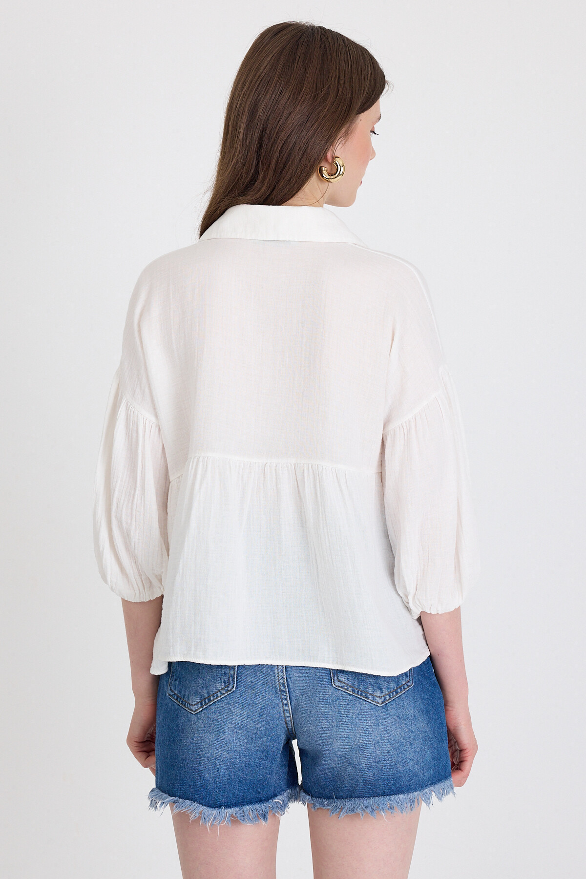 Beyaz %100 Pamuk Keten Görünümlü Düğmeli Gömlek 4783A - 5