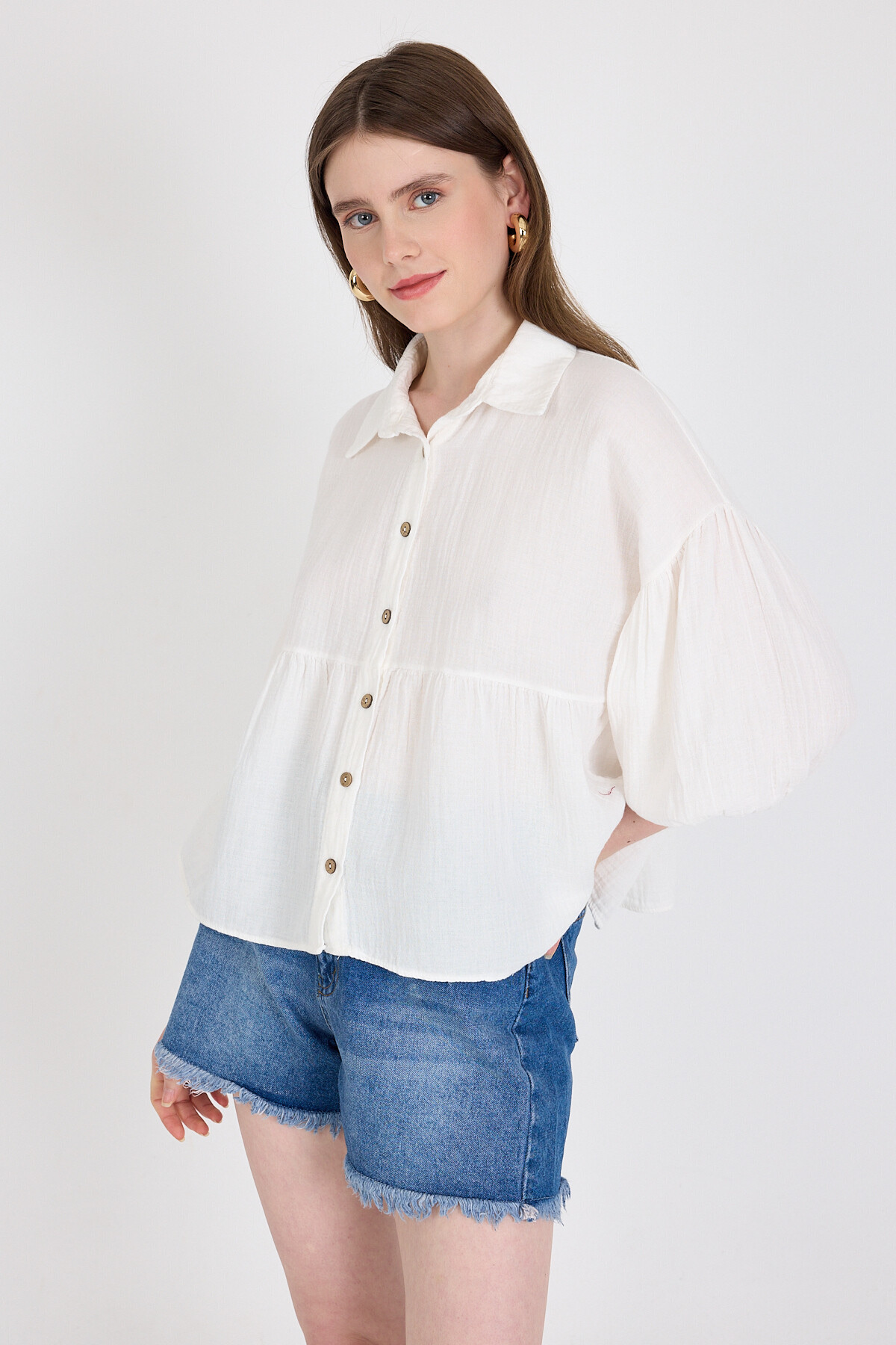 Beyaz %100 Pamuk Keten Görünümlü Düğmeli Gömlek 4783A - 2