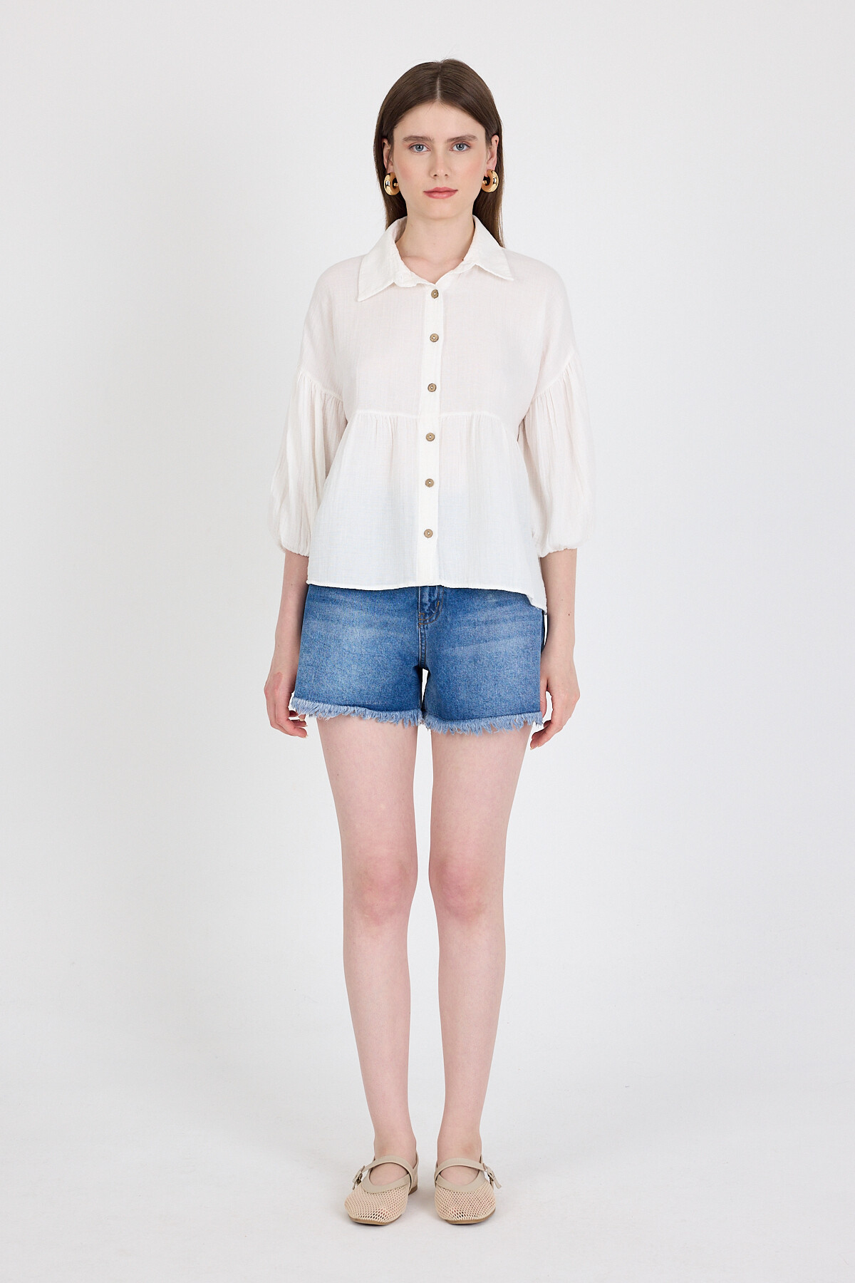 Beyaz %100 Pamuk Keten Görünümlü Düğmeli Gömlek 4783A - 3