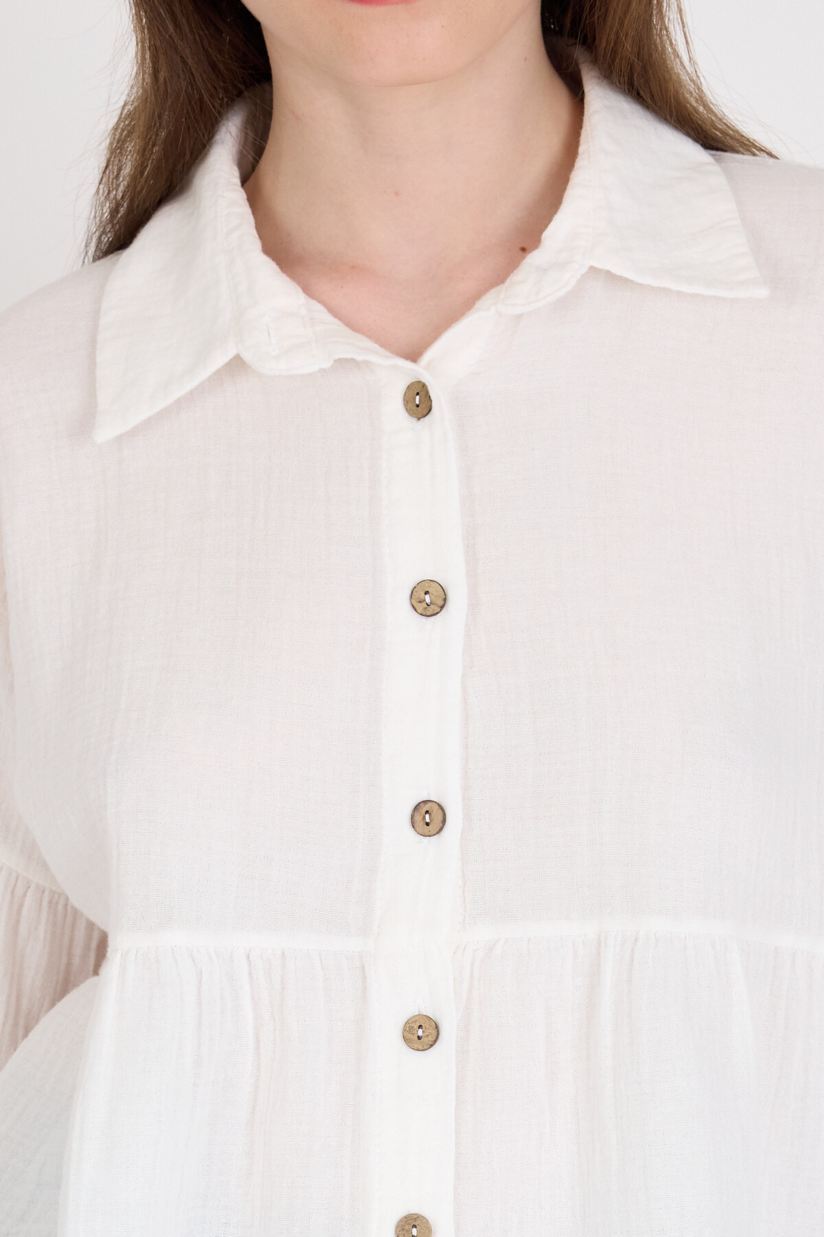 Beyaz %100 Pamuk Keten Görünümlü Düğmeli Gömlek 4783A - 4