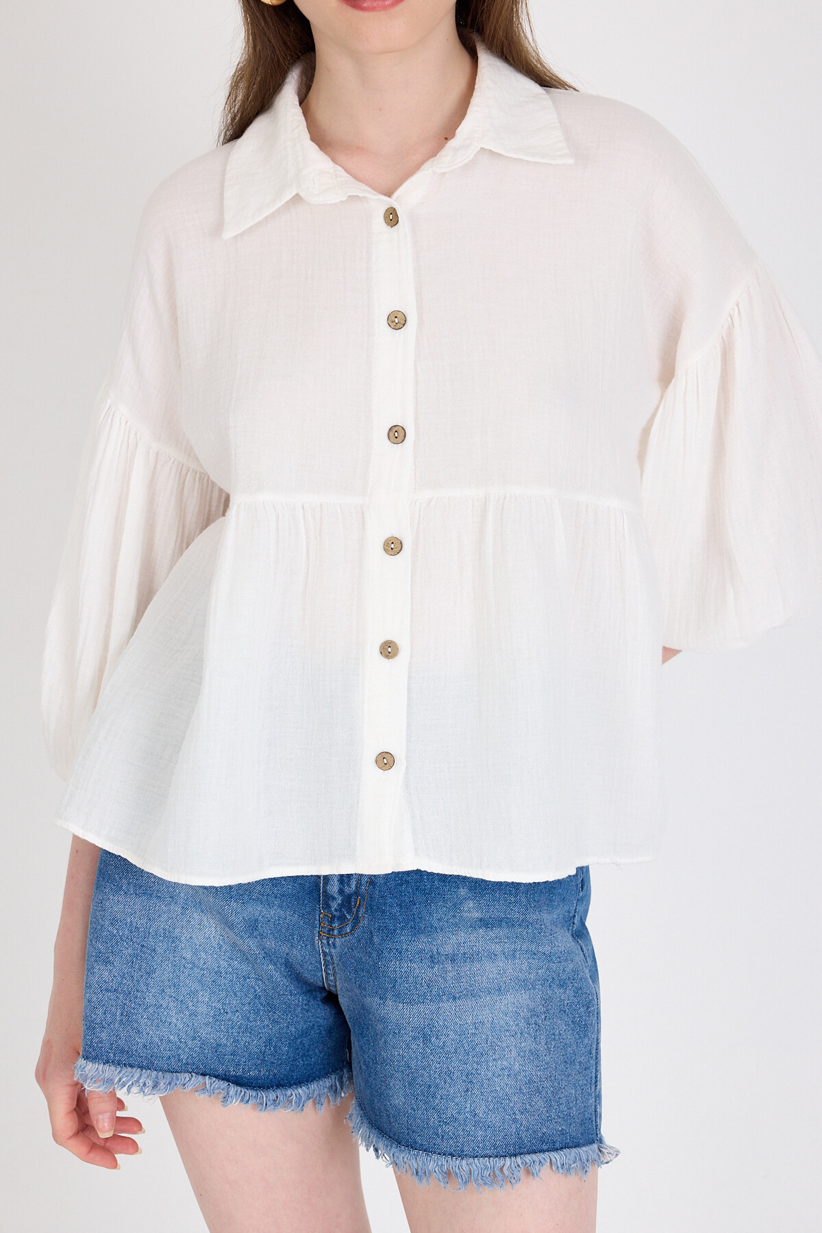 Beyaz %100 Pamuk Keten Görünümlü Düğmeli Gömlek 4783A - 6